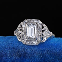 Antique Art Deco Platinum Emerald French Cut Diamond Halo Engagement Ring - GIA