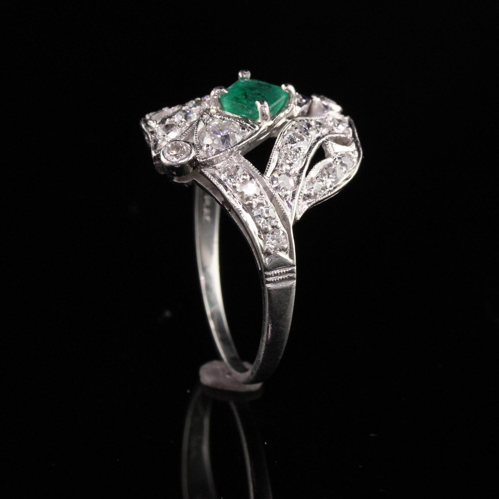 Old European Cut Antique Art Deco Platinum Emerald Old European Diamond Statement Ring For Sale