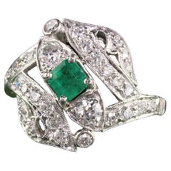 Antiker Art Deco Platin Smaragd Alteuropäischer Diamant Statement-Ring