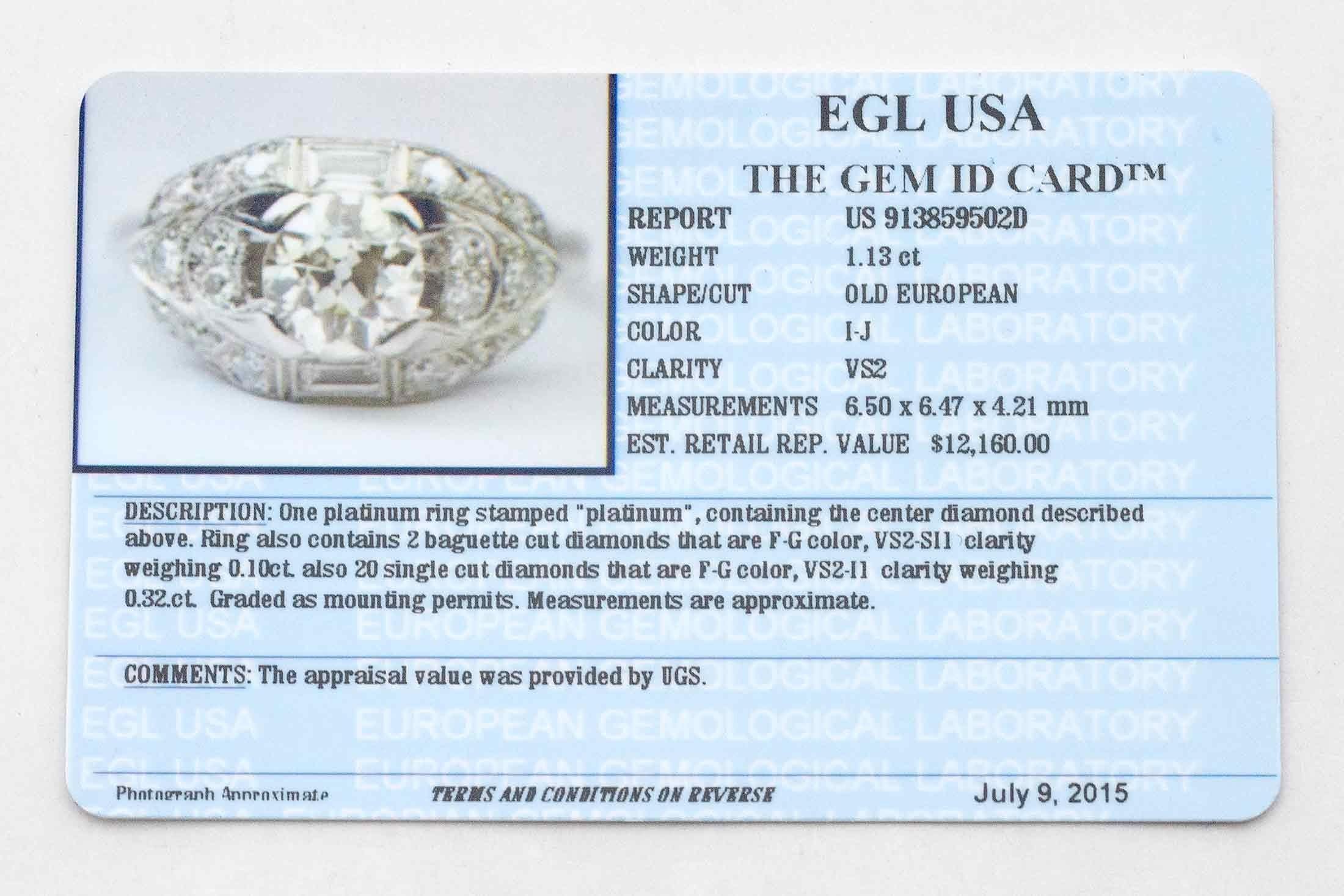 Antique Art Deco Platinum Engagement Ring Old European Cut Diamond EGL Certified 1