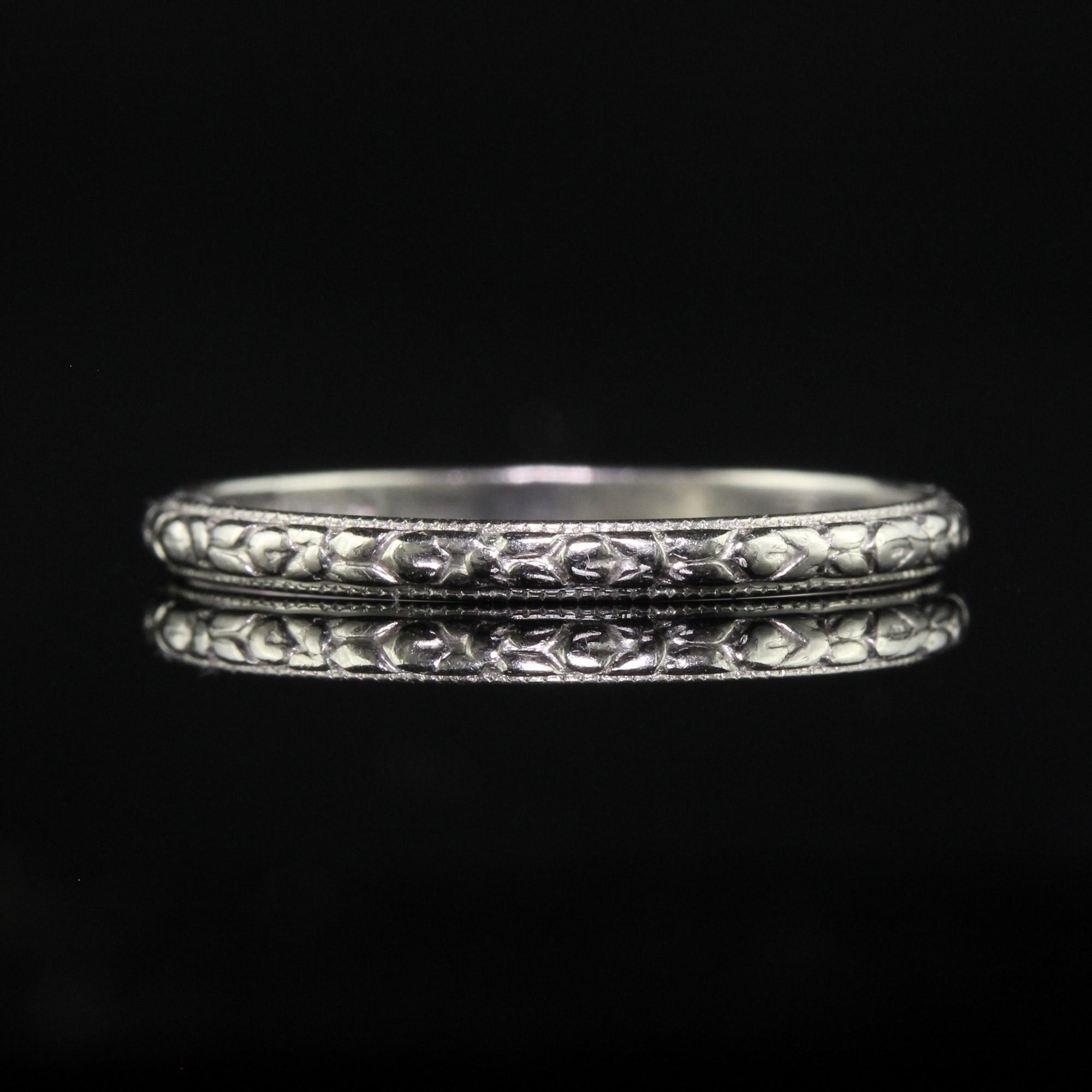 Women's Antique Art Deco Platinum Engraved Certified Wedding Band - Size 6 For Sale