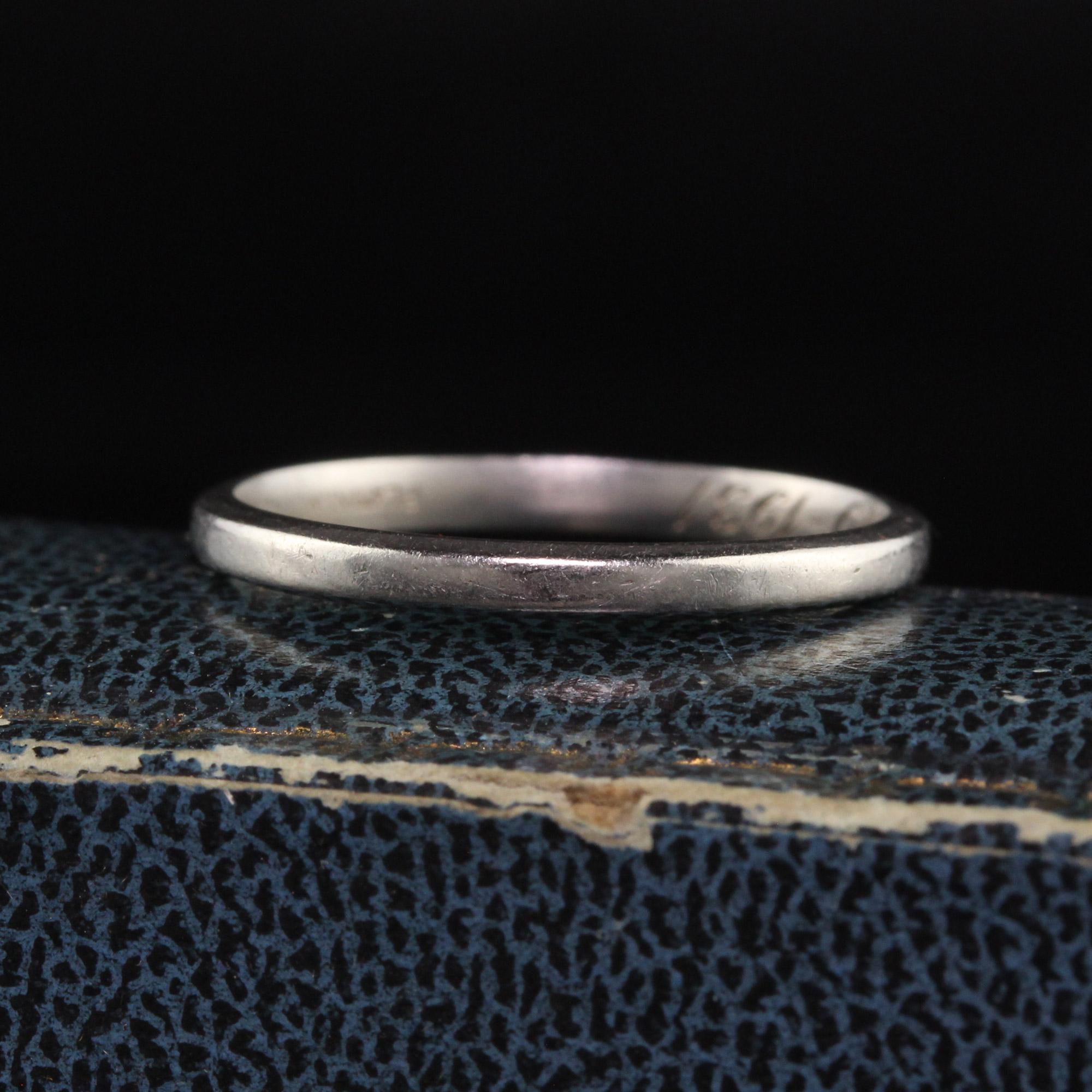 Beautiful Antique Art Deco Platinum Engraved Classic Wedding Band. This classic wedding band is in great condition and has G. E. N To F. E. Y. Nov 19 - 1931