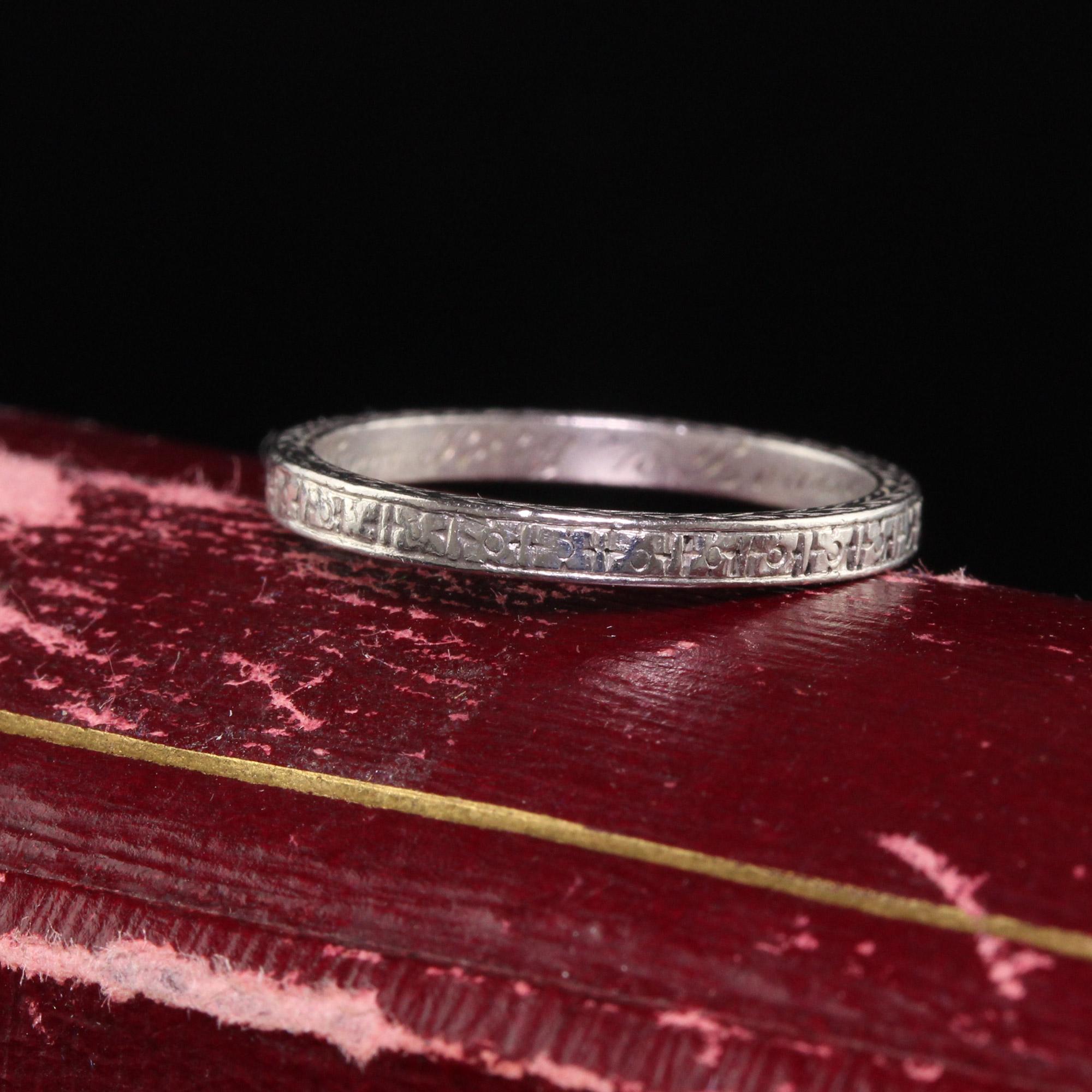Beautiful Antique Art Deco Platinum Engraved Classic Wedding Band - Size 5. This gorgeous wedding band is crafted in platinum. It is beautifully engraved around the entire ring and even the sides. The inside of the band is also engraved with
