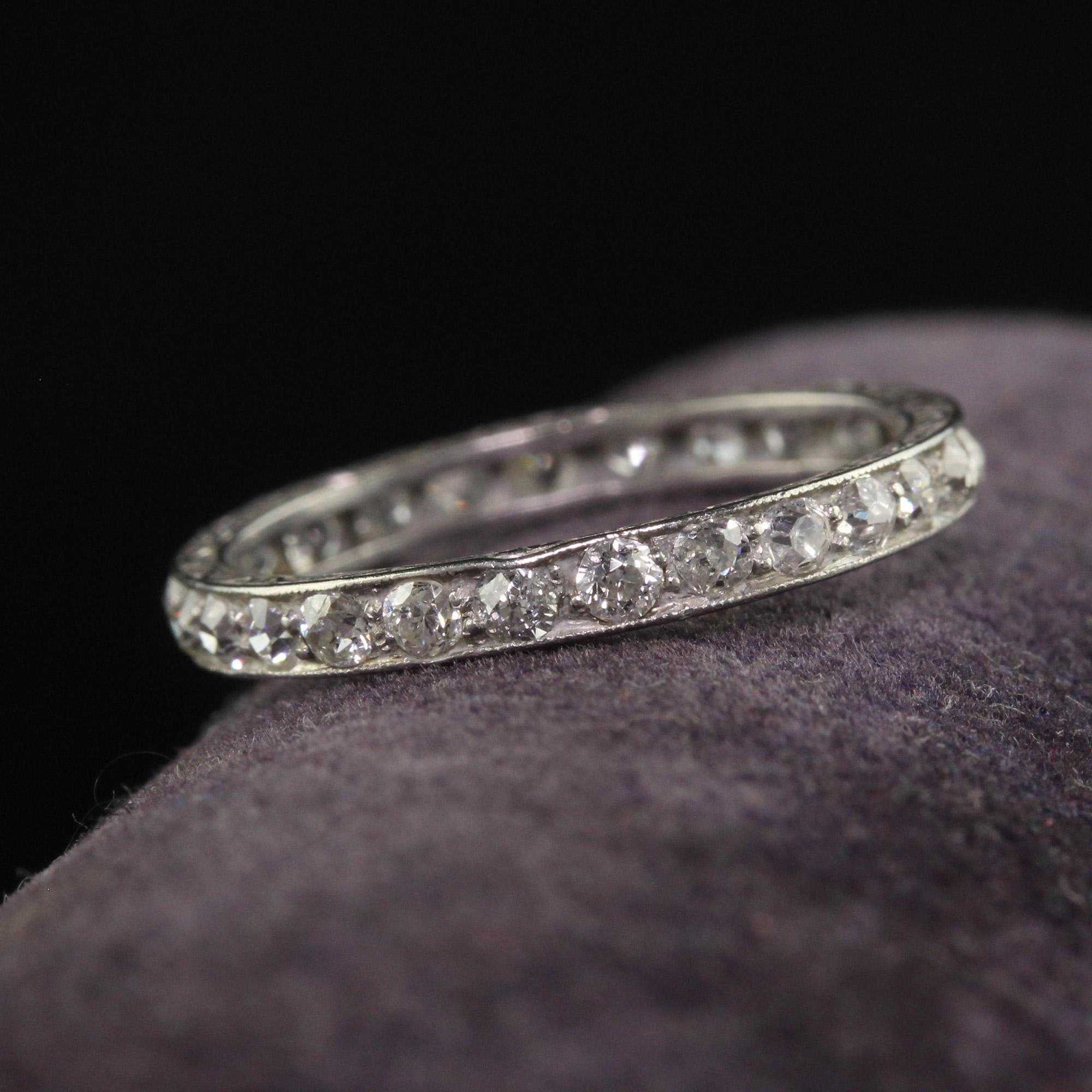 Antique Art Deco Platinum Engraved Old Mine Diamond Eternity Band - Size 5 1/4 In Good Condition For Sale In Great Neck, NY