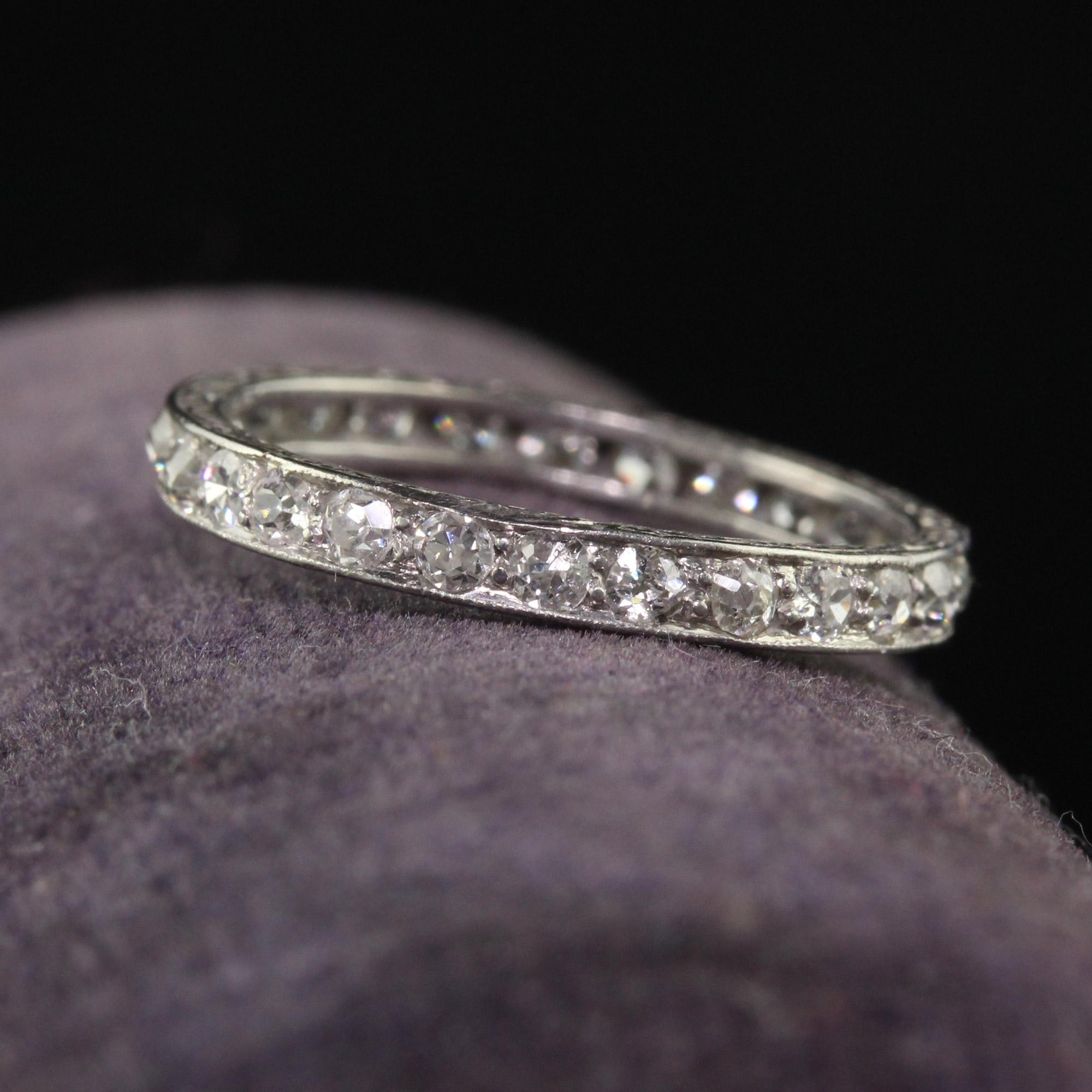 Women's Antique Art Deco Platinum Engraved Old Mine Diamond Eternity Band - Size 5 1/4 For Sale