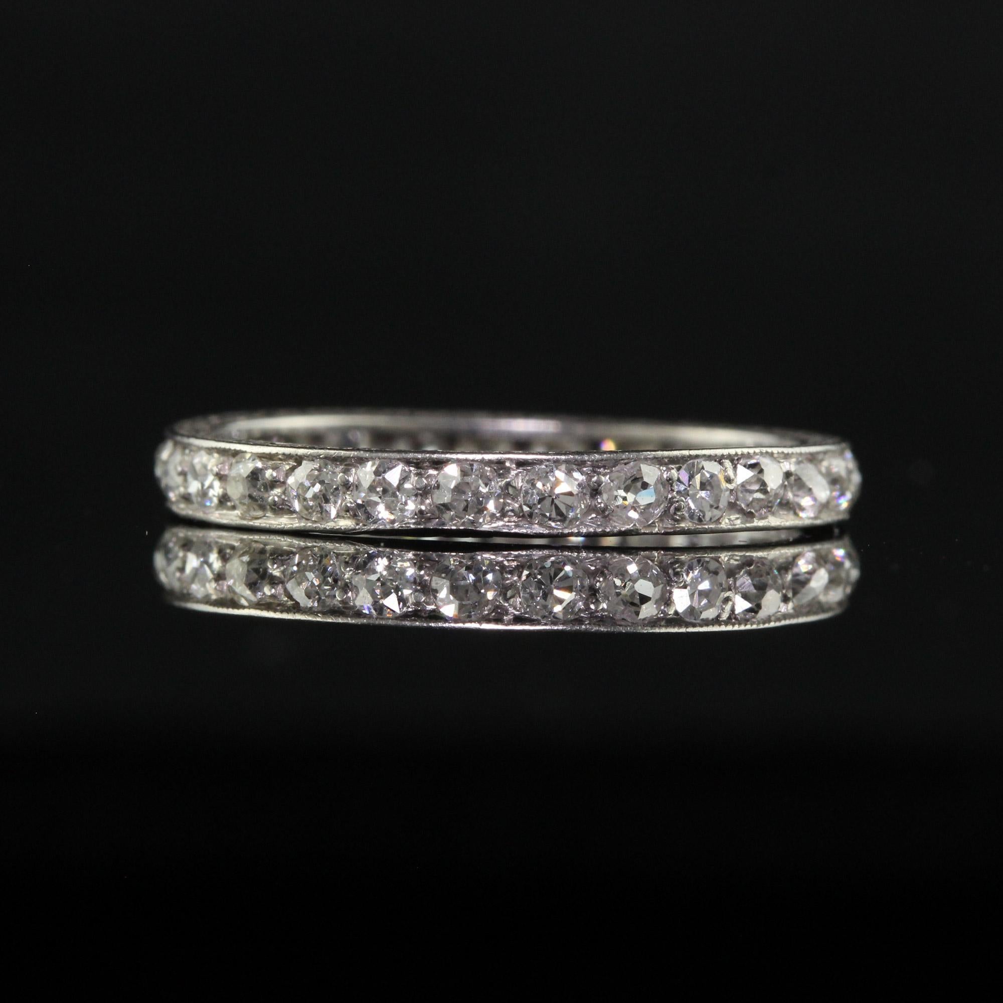 Antique Art Deco Platinum Engraved Old Mine Diamond Eternity Band - Size 5 1/4 For Sale 1