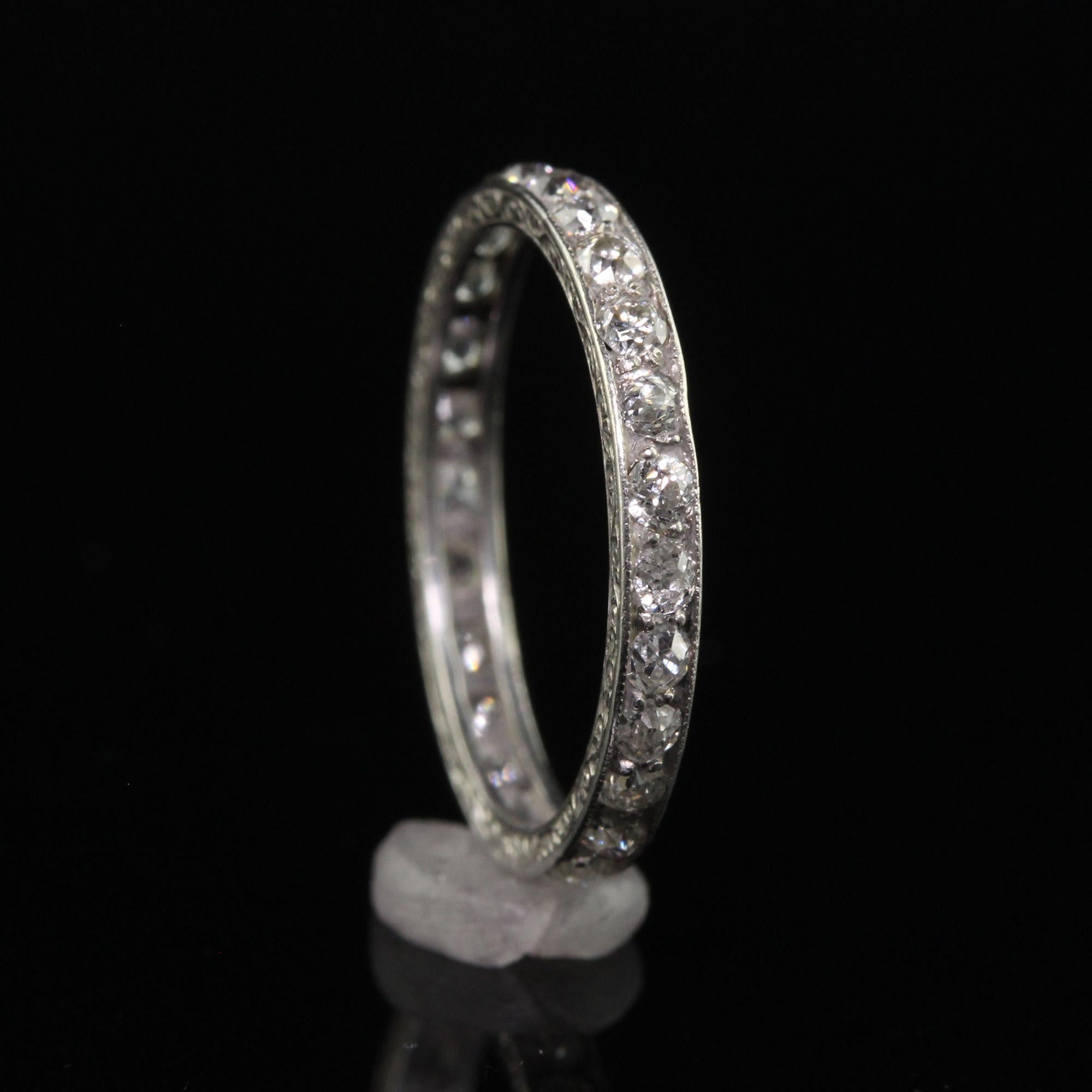 Antique Art Deco Platinum Engraved Old Mine Diamond Eternity Band - Size 5 1/4 For Sale 2