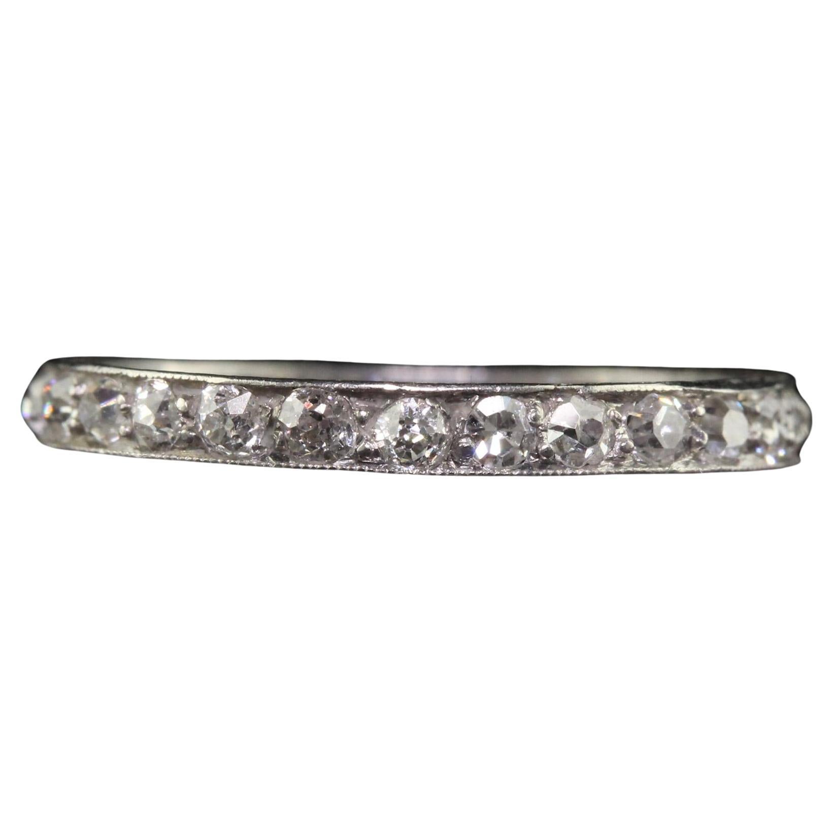 Antique Art Deco Platinum Engraved Old Mine Diamond Eternity Band - Size 5 1/4