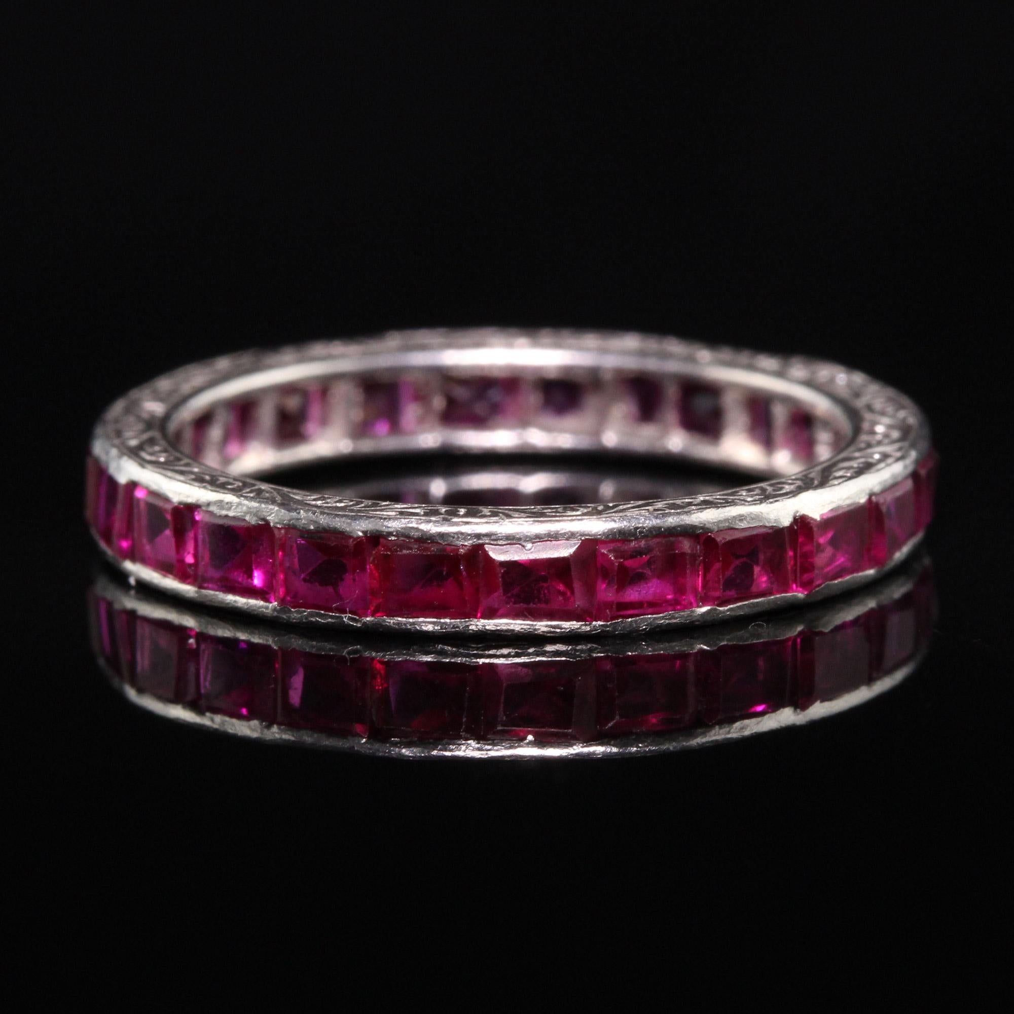 Antique Art Deco Platinum Engraved Ruby Eternity Band In Good Condition In Great Neck, NY