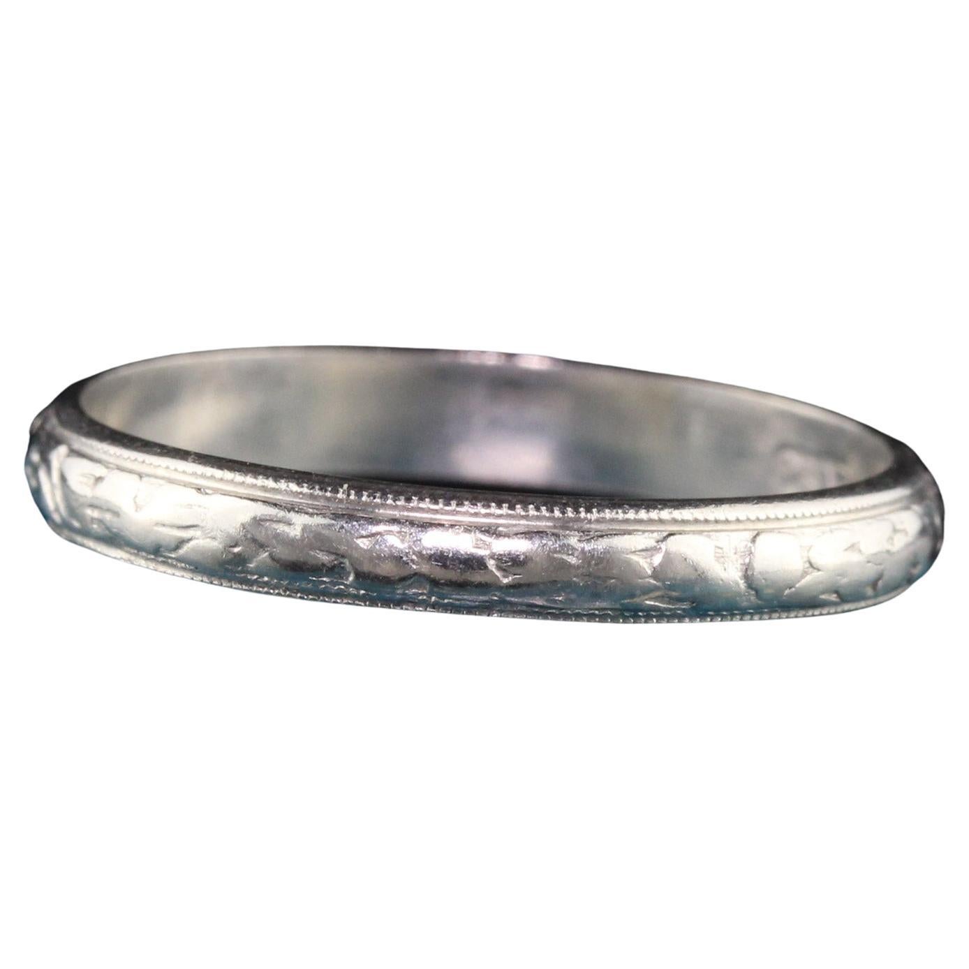 Antique Art Deco Platinum Engraved Wedding Band For Sale