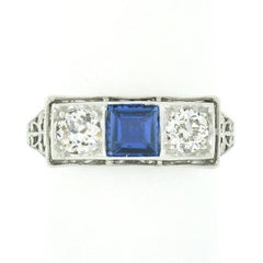 Antique Art Deco Platinum European Diamond Bezel Sapphire Filigree 3 Stone Ring