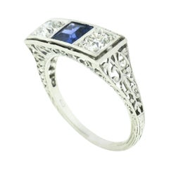 Antique Art Deco Platinum European Diamond Bezel Sapphire Filigree 3 Stone Ring