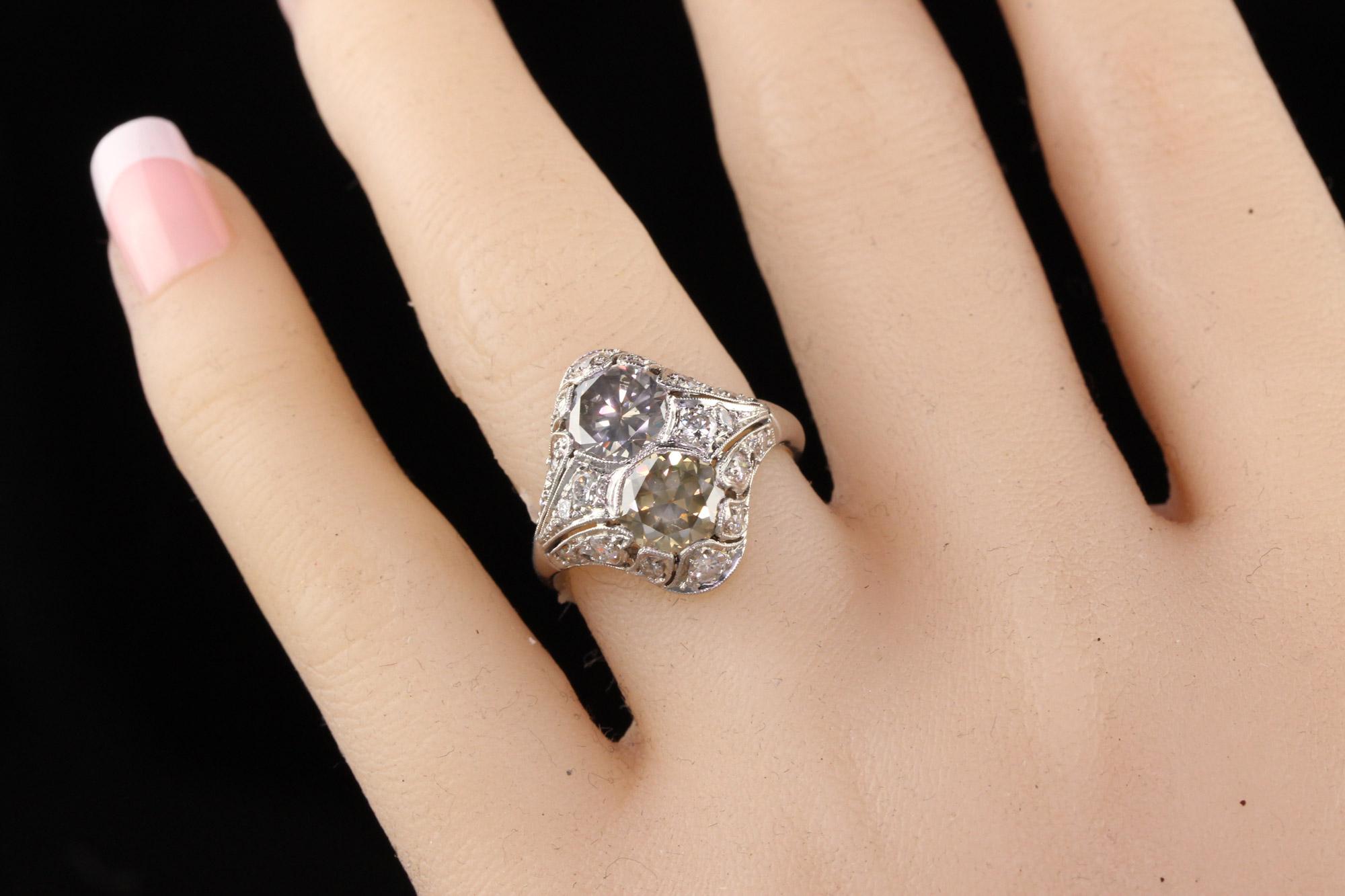 Round Cut Antique Art Deco Platinum Fancy Colored Diamond Filigree Engagement Ring For Sale