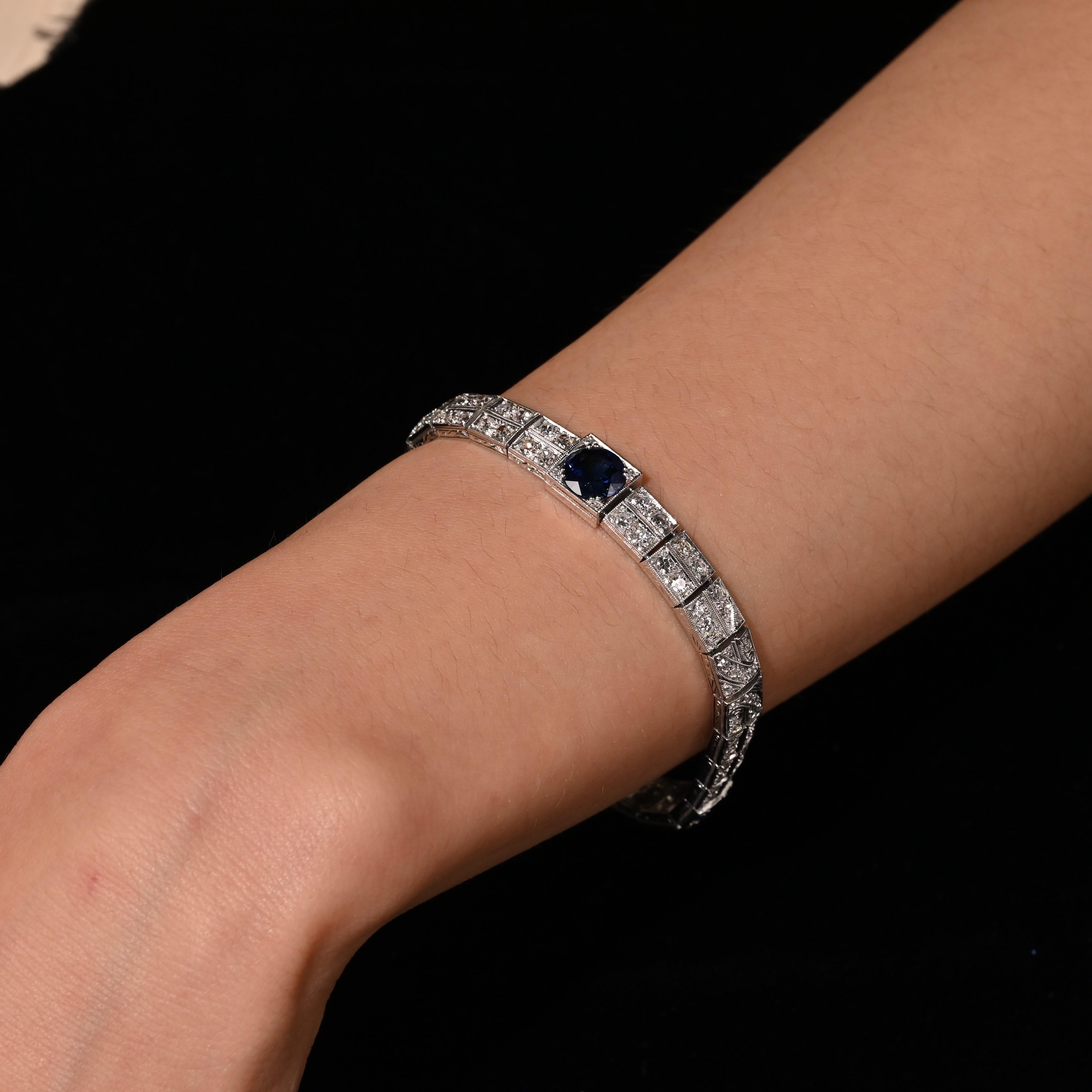Antique Art Deco Platinum Filigree Blue Sapphire & Diamond Bracelet For Sale 6