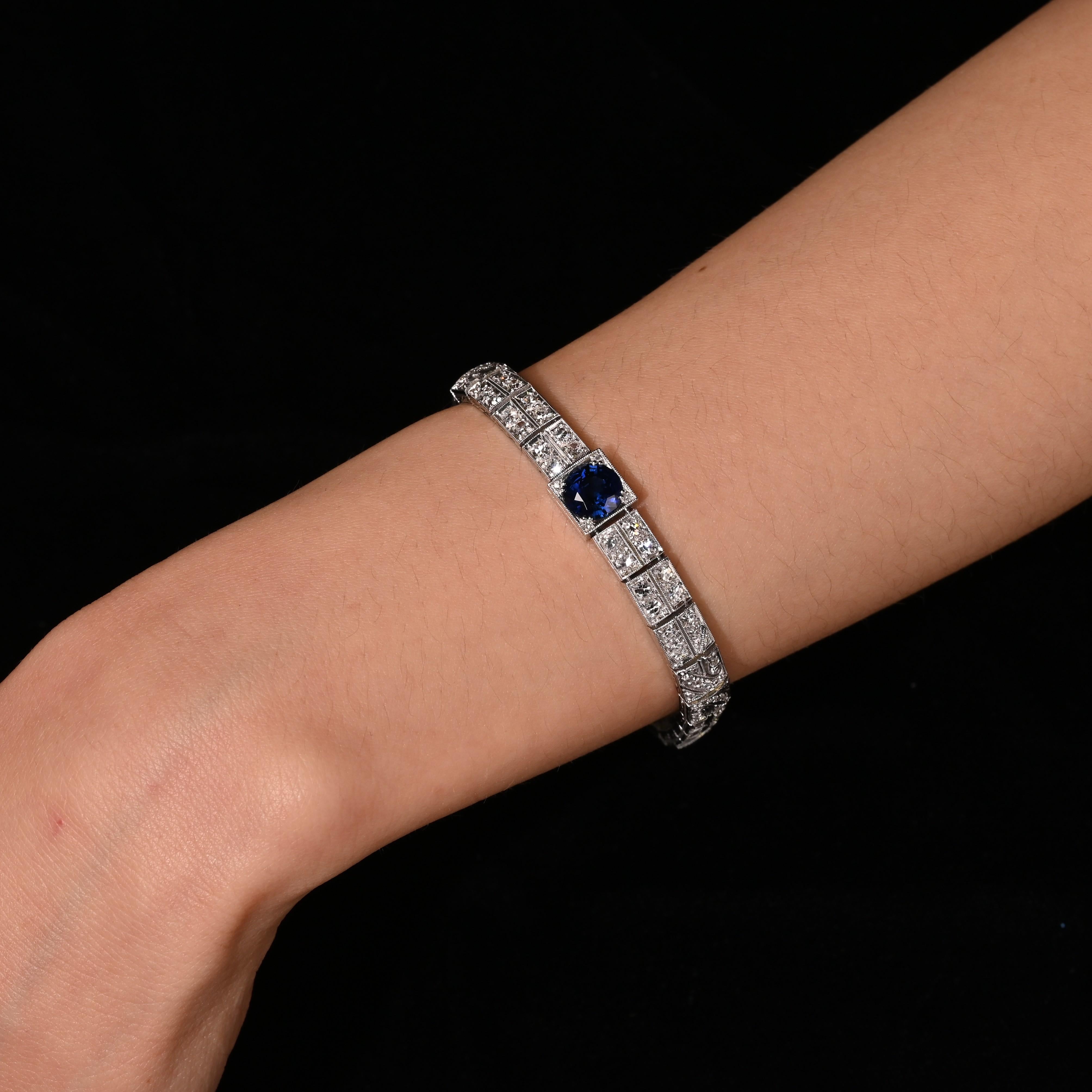 Antique Art Deco Platinum Filigree Blue Sapphire & Diamond Bracelet For Sale 7