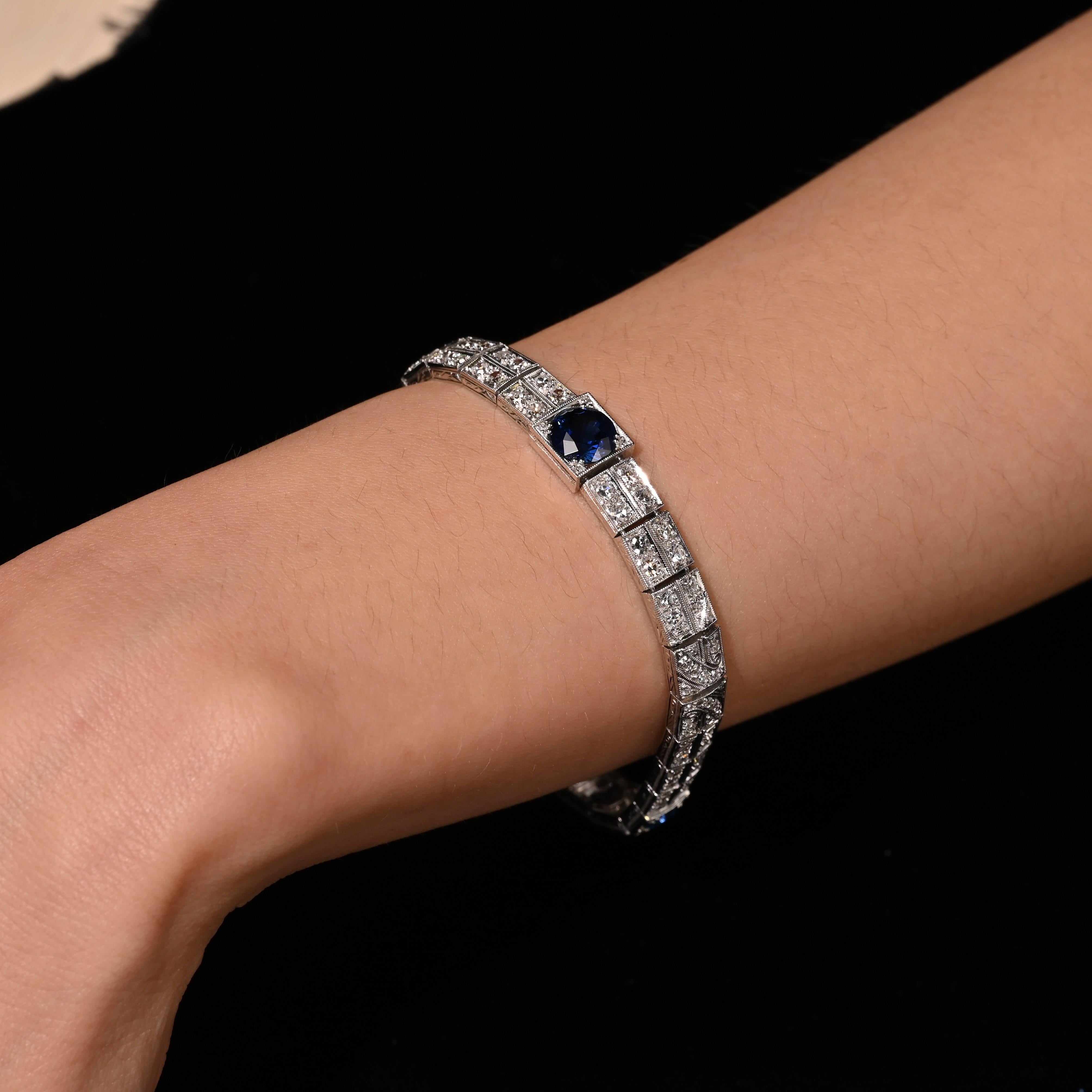 Antique Art Deco Platinum Filigree Blue Sapphire & Diamond Bracelet For Sale 8