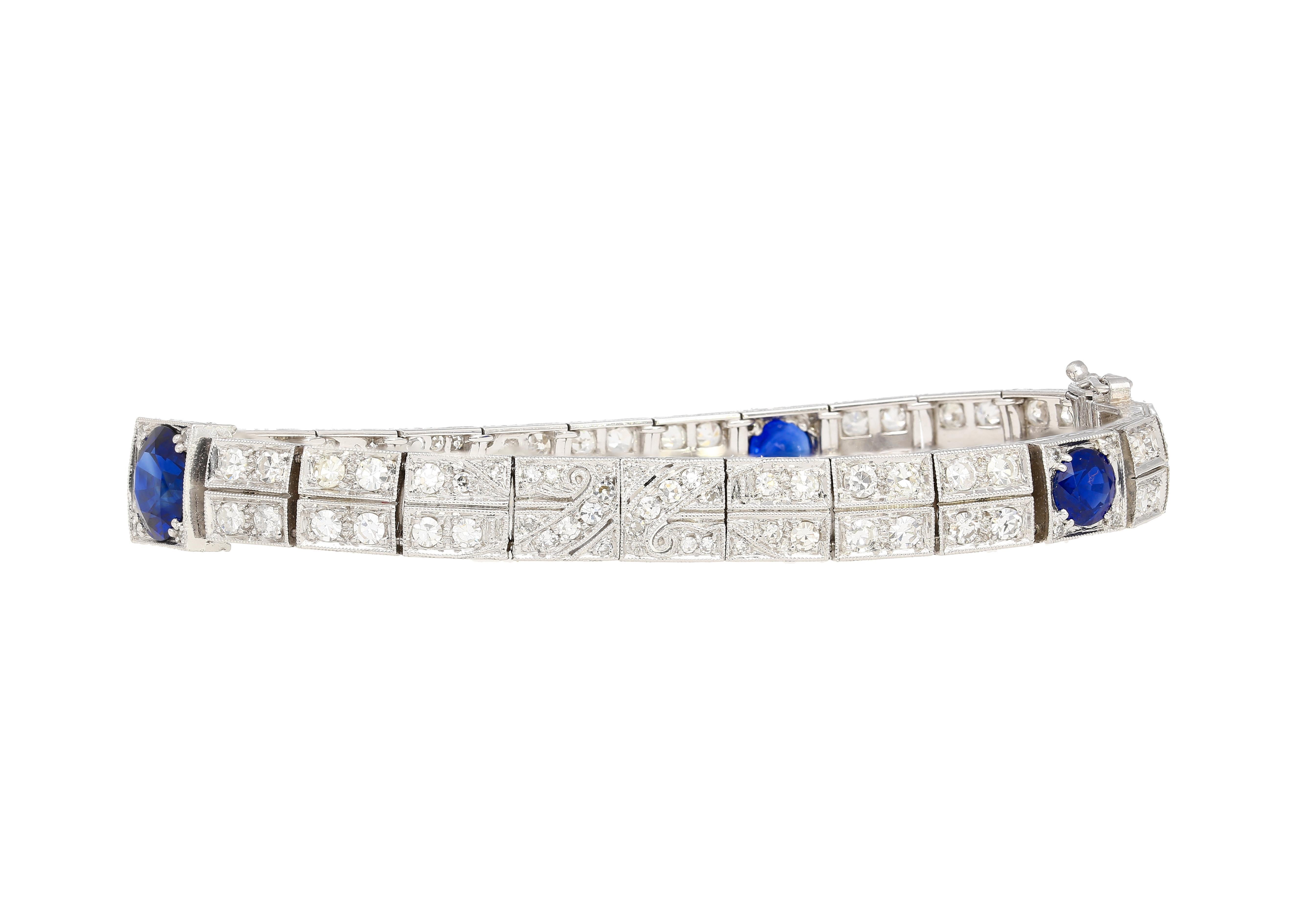 Round Cut Antique Art Deco Platinum Filigree Blue Sapphire & Diamond Bracelet For Sale