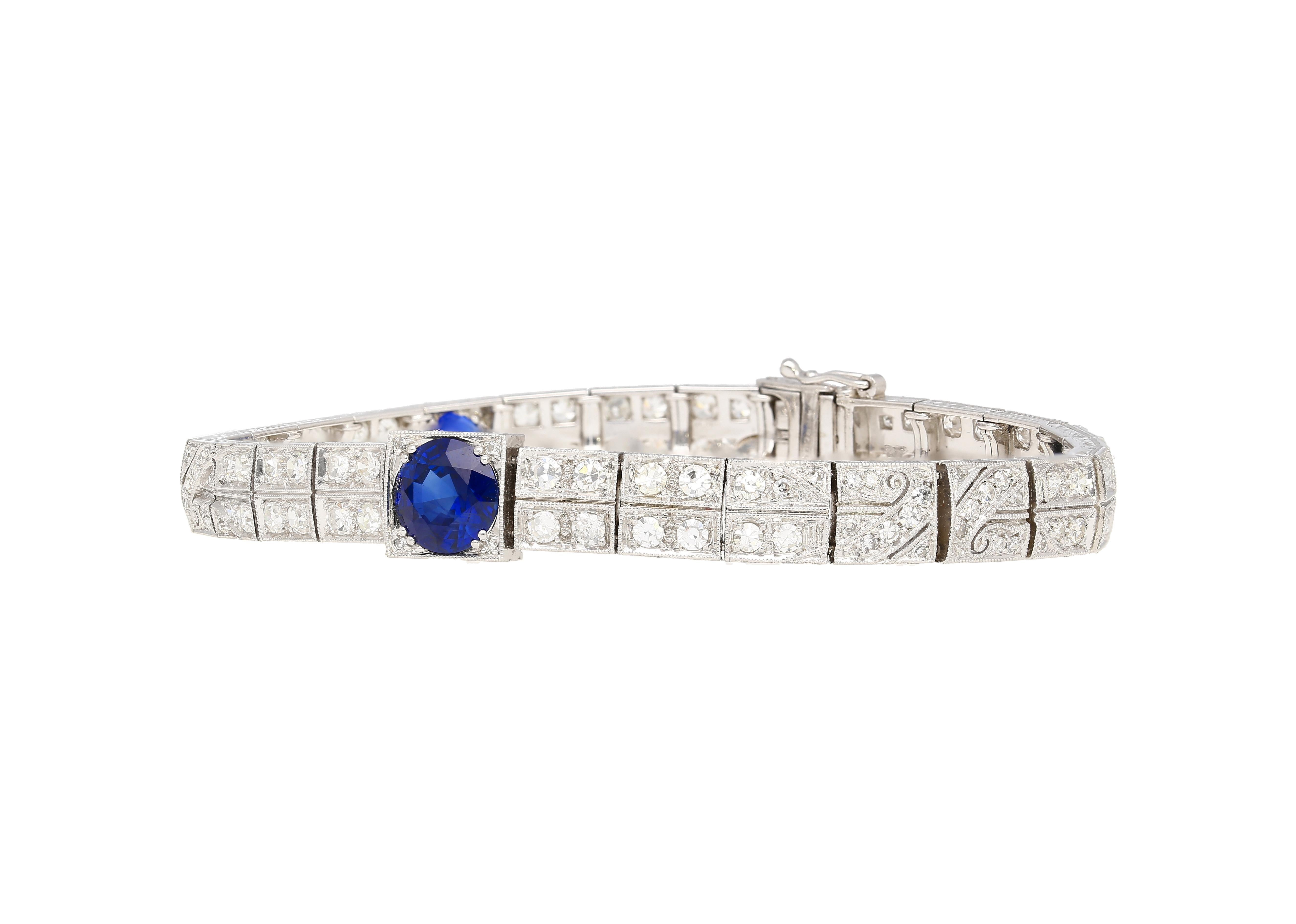 Women's or Men's Antique Art Deco Platinum Filigree Blue Sapphire & Diamond Bracelet For Sale