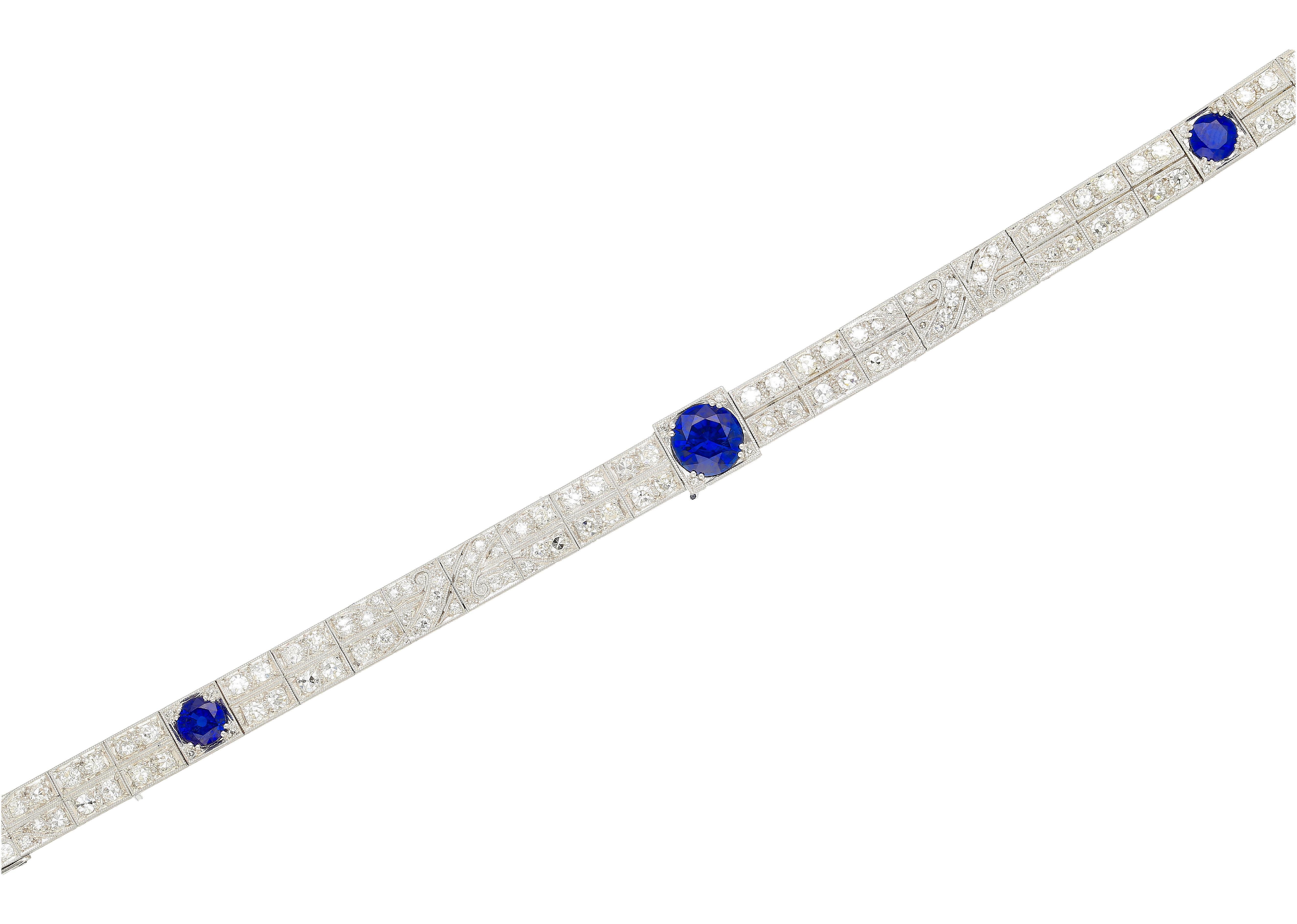 Antique Art Deco Platinum Filigree Blue Sapphire & Diamond Bracelet For Sale 1