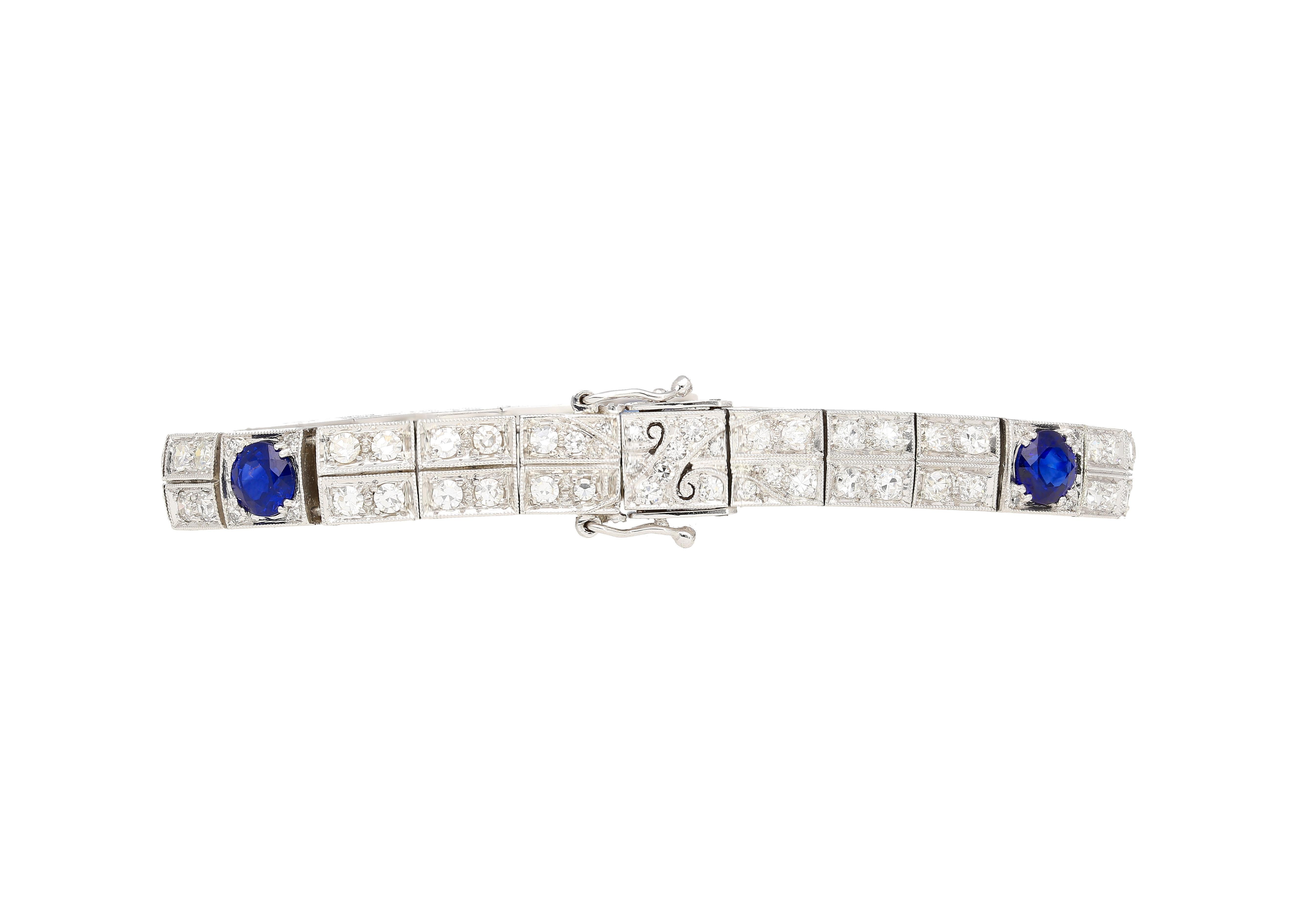 Antique Art Deco Platinum Filigree Blue Sapphire & Diamond Bracelet For Sale 2