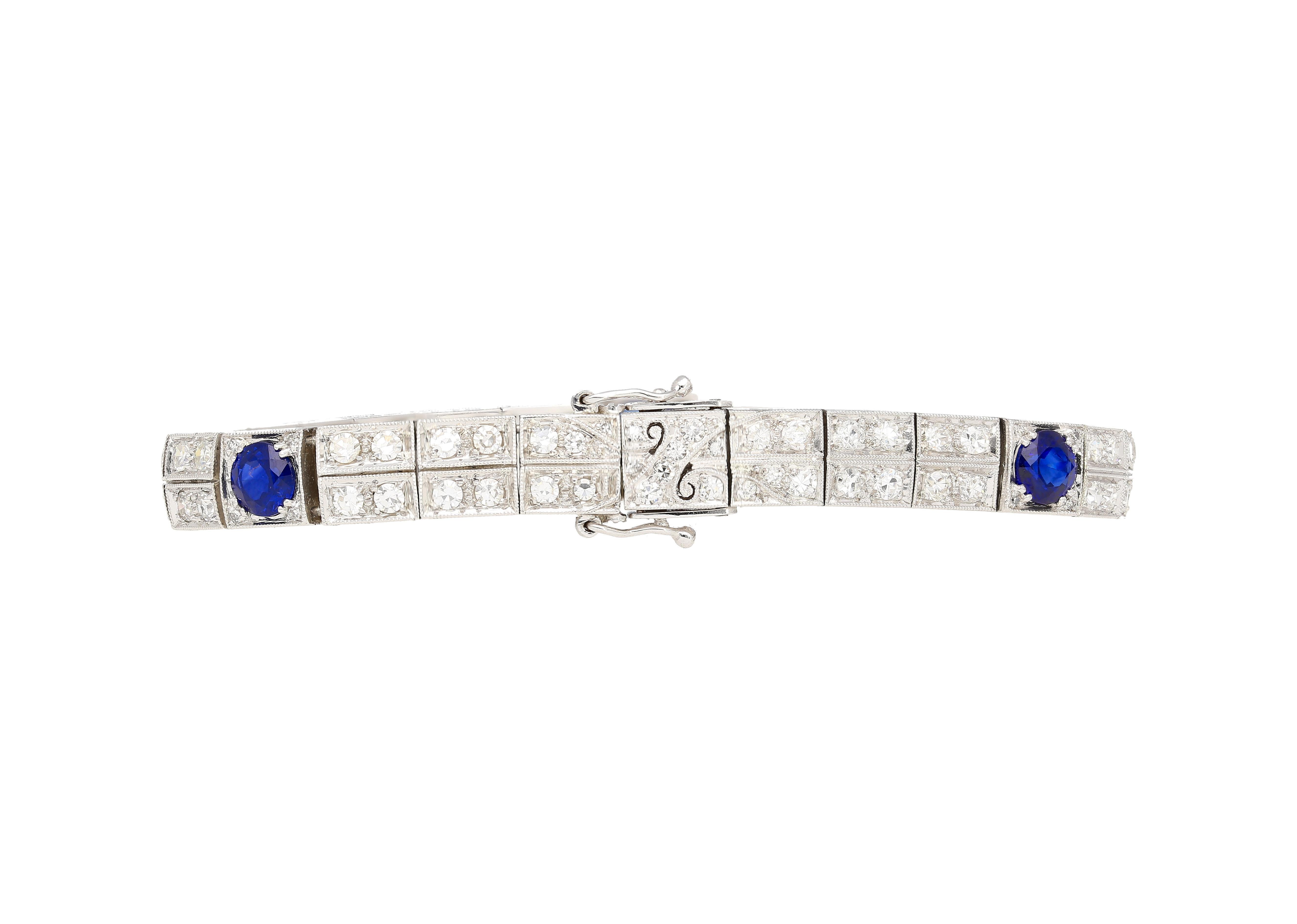 Antique Art Deco Platinum Filigree Blue Sapphire & Diamond Bracelet For Sale 1