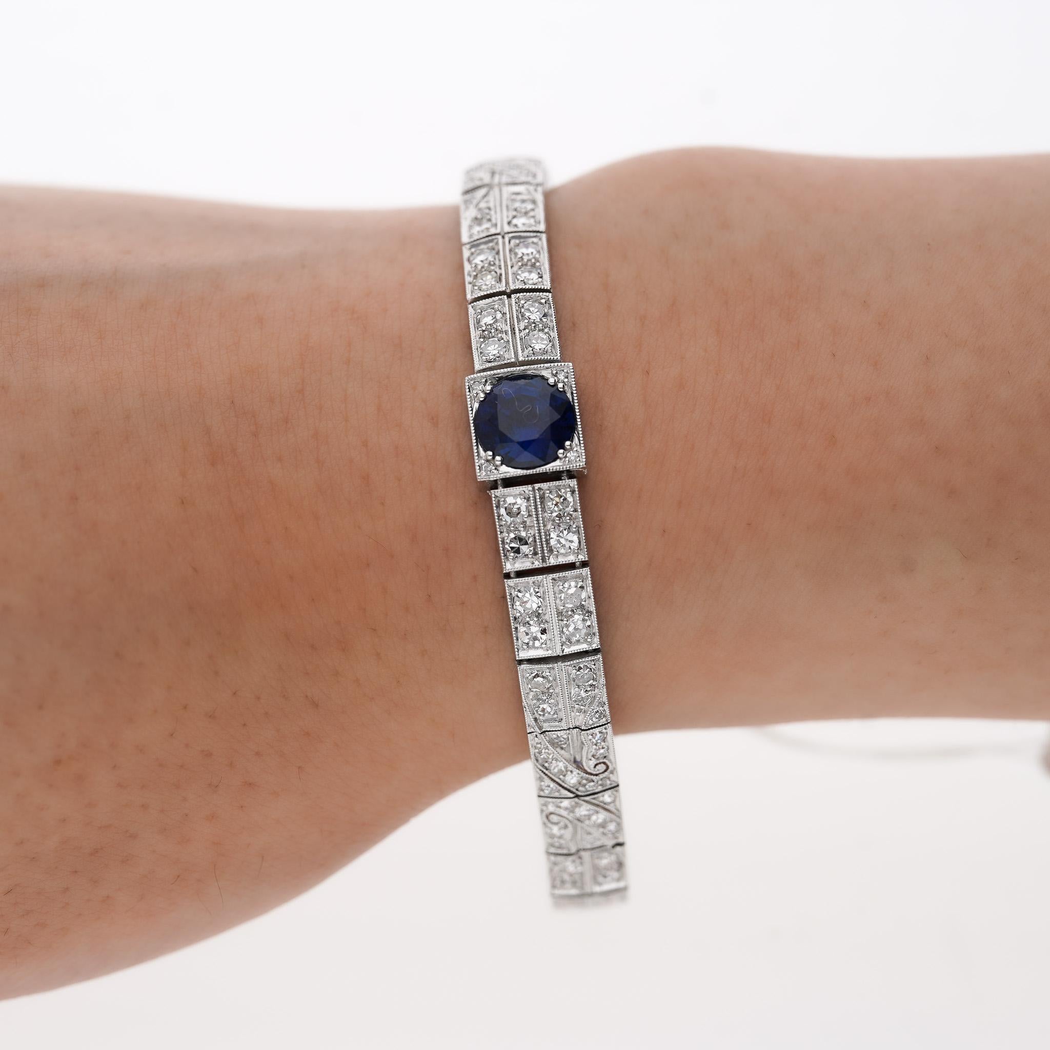 Antique Art Deco Platinum Filigree Blue Sapphire & Diamond Bracelet For Sale 3