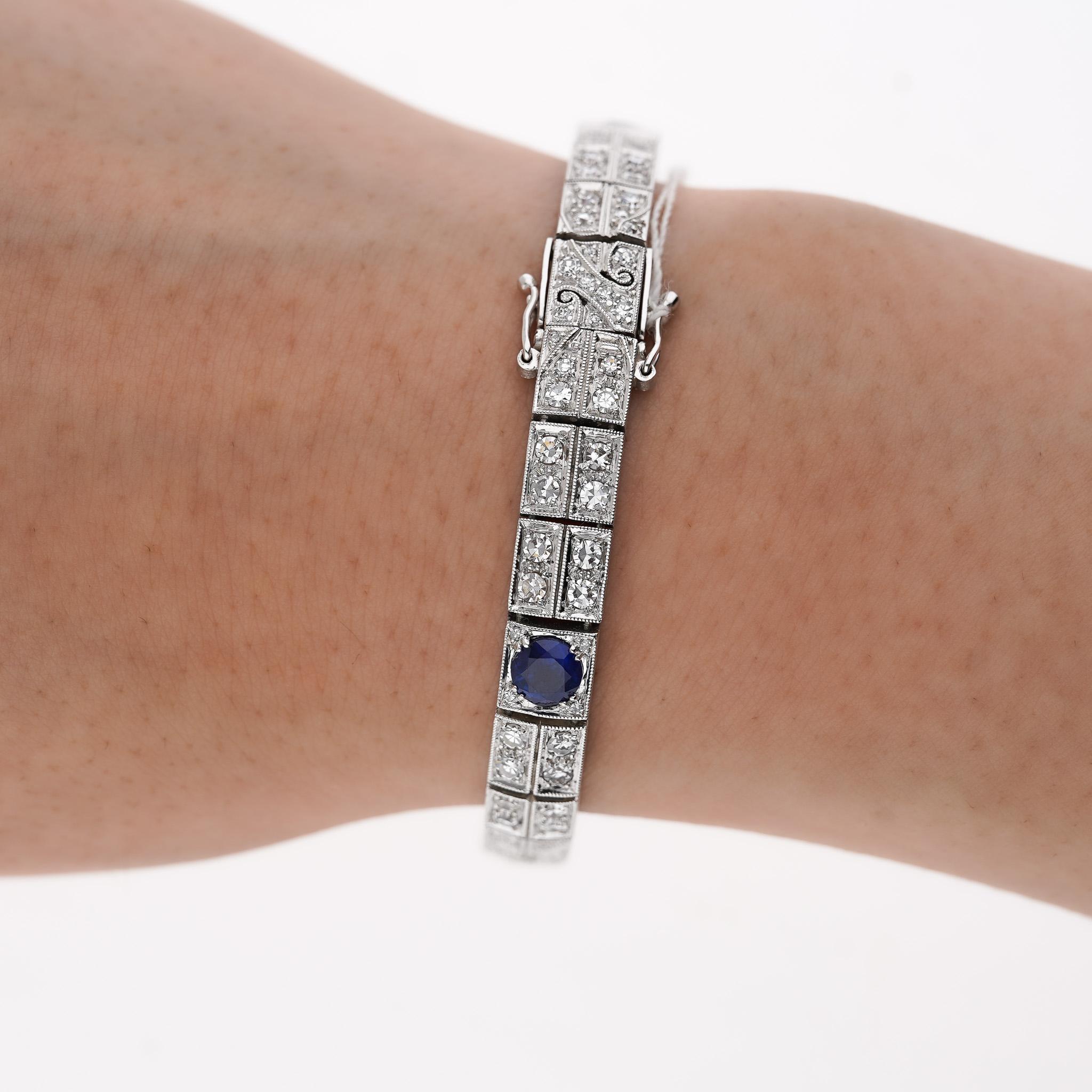 Antique Art Deco Platinum Filigree Blue Sapphire & Diamond Bracelet For Sale 4
