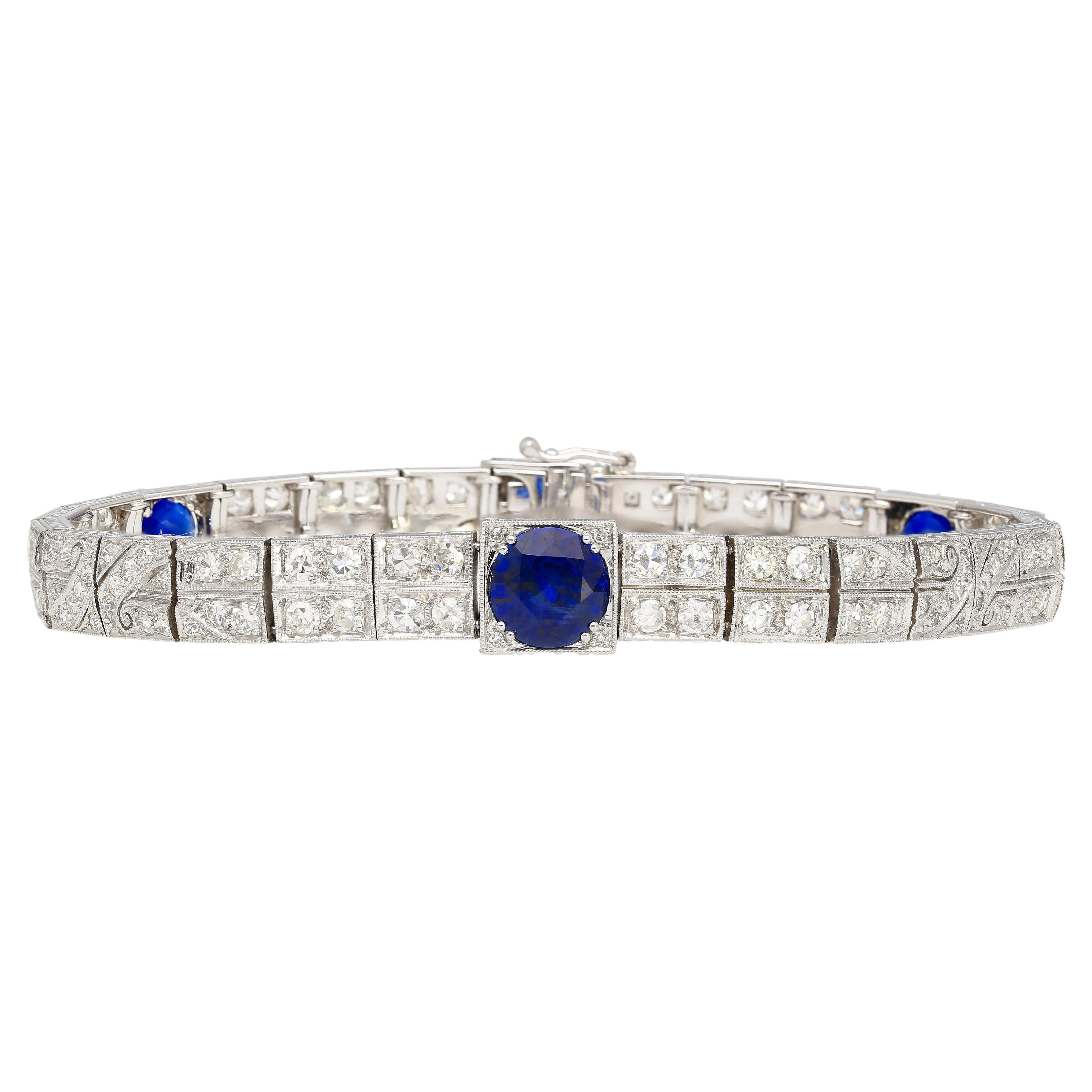 Antique Art Deco Platinum Filigree Blue Sapphire & Diamond Bracelet For Sale