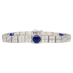 Bracelet Art déco ancien en platine filigrane avec saphir bleu et diamants