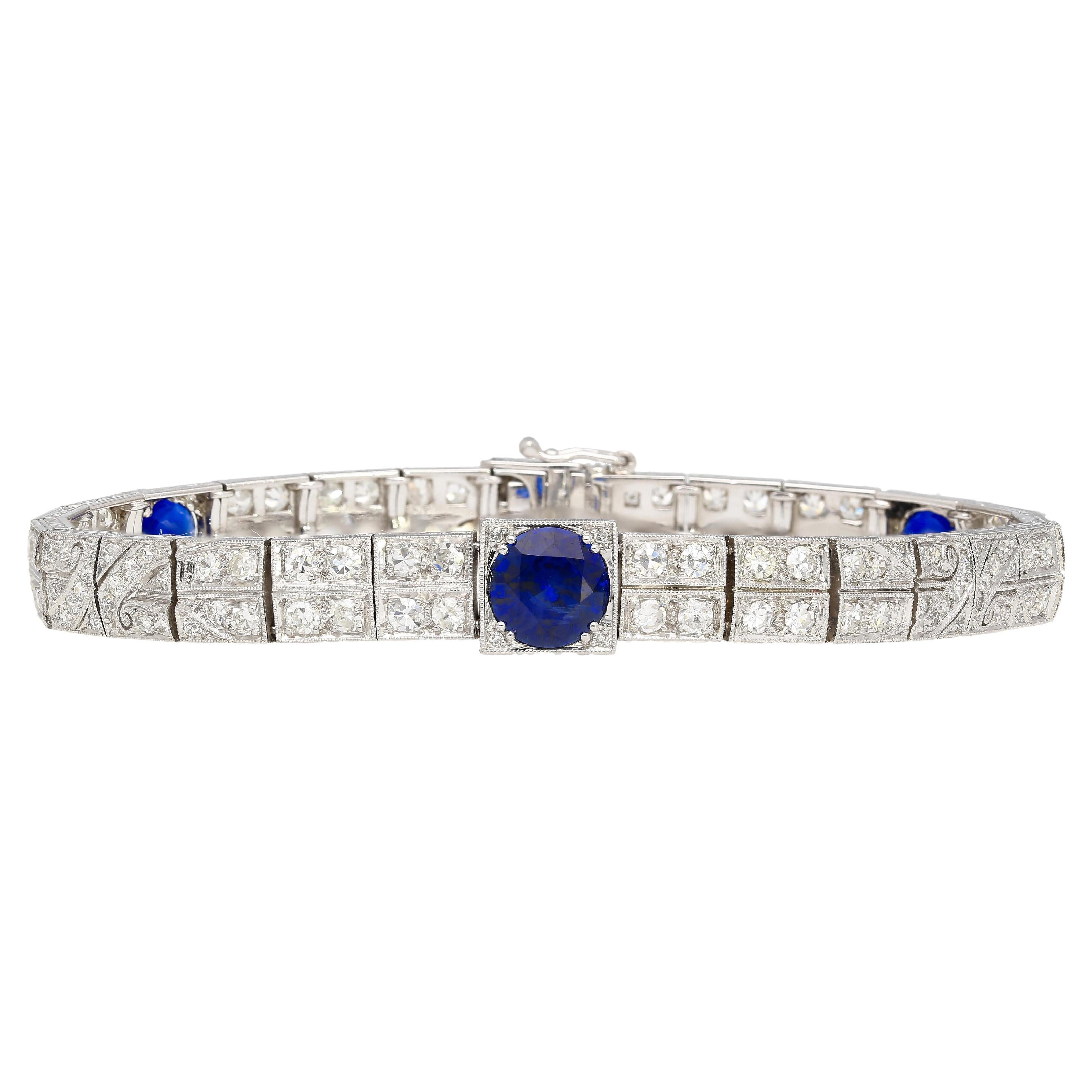 Bracciale antico Art Deco in platino con filigrana di zaffiri blu e diamanti