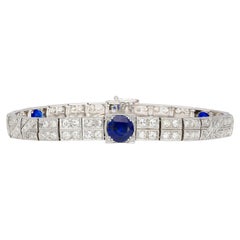 Antique Art Deco Platinum Filigree Blue Sapphire & Diamond Bracelet