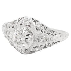 Antique Art Deco Platinum Filigree Old European Cut Diamond Solitaire Ring