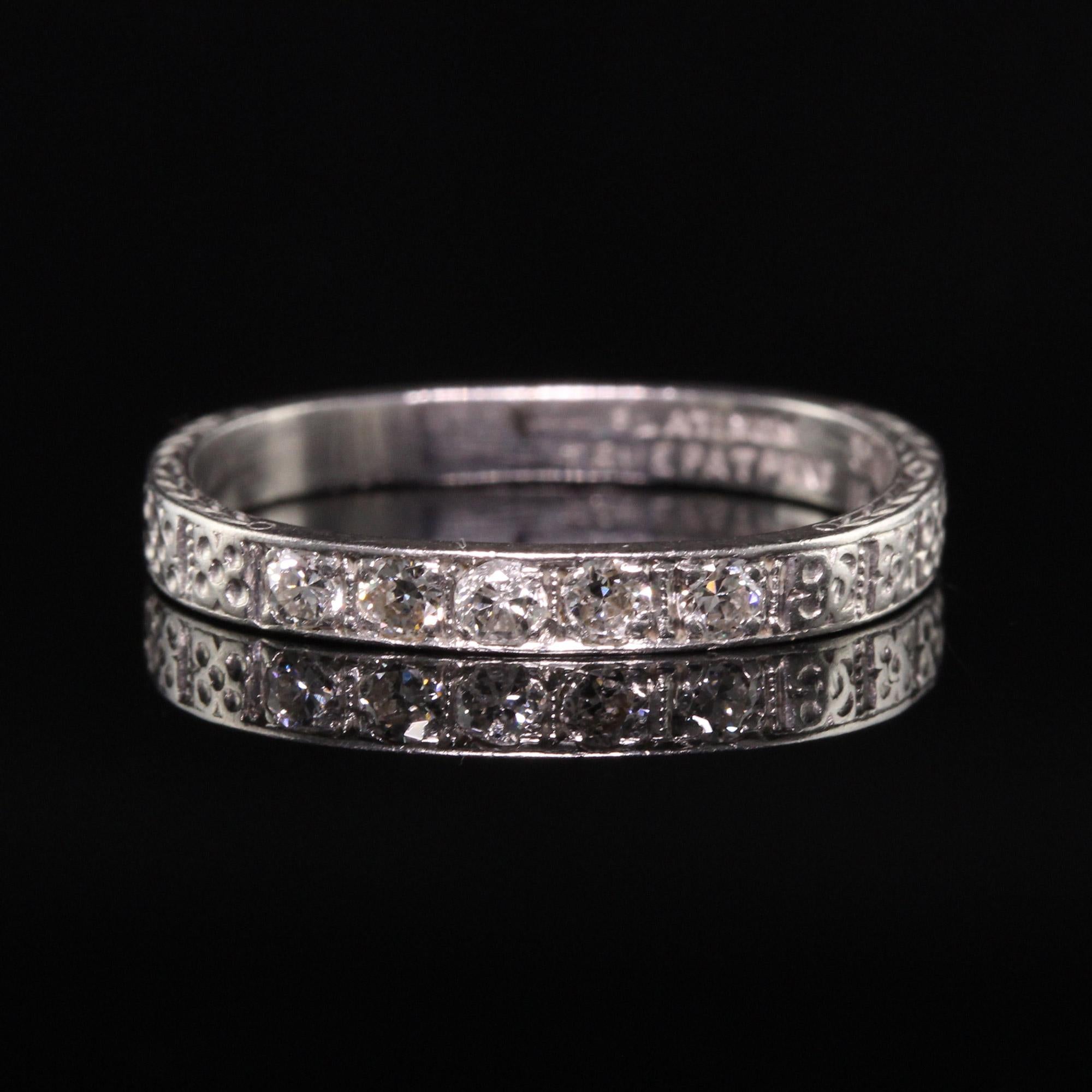 Women's Antique Art Deco Platinum Five Diamond Engraved Wedding Band For Sale