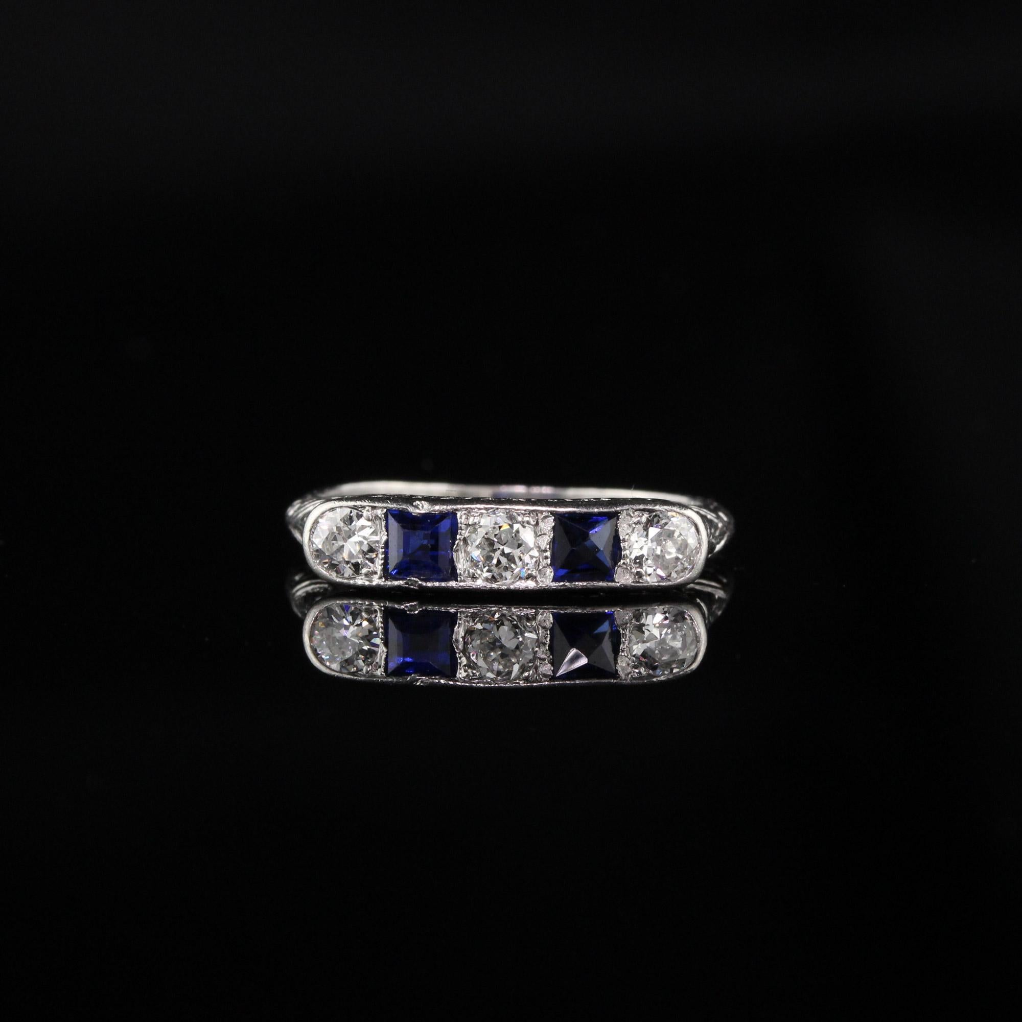 Antique Art Deco Platinum French Cut Diamond and Sapphire Wedding Band In Good Condition In Great Neck, NY