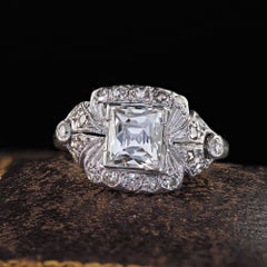 Antique Art Deco Platinum French Cut Diamond Engraved Engagement Ring - GIA
