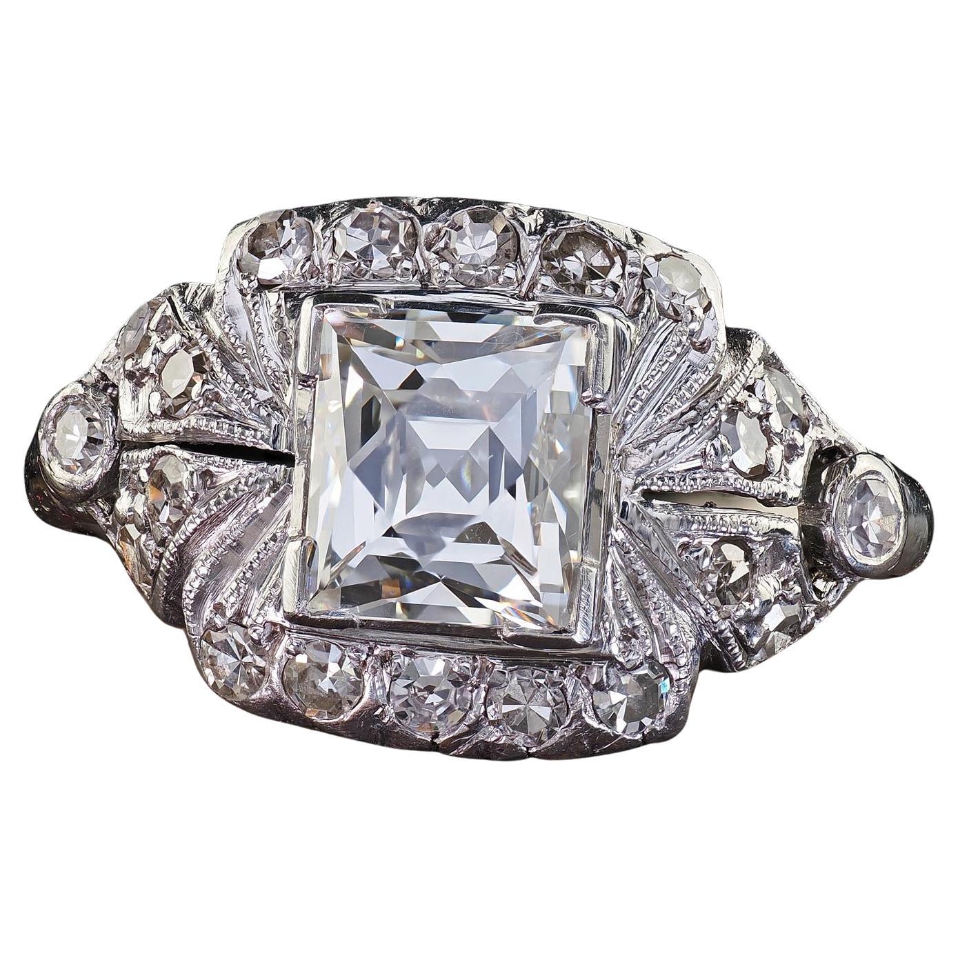 Antique Art Deco Platinum French Cut Diamond Engraved Engagement Ring - GIA