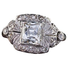 Antique Art Deco Platinum French Cut Diamond Engraved Engagement Ring - GIA