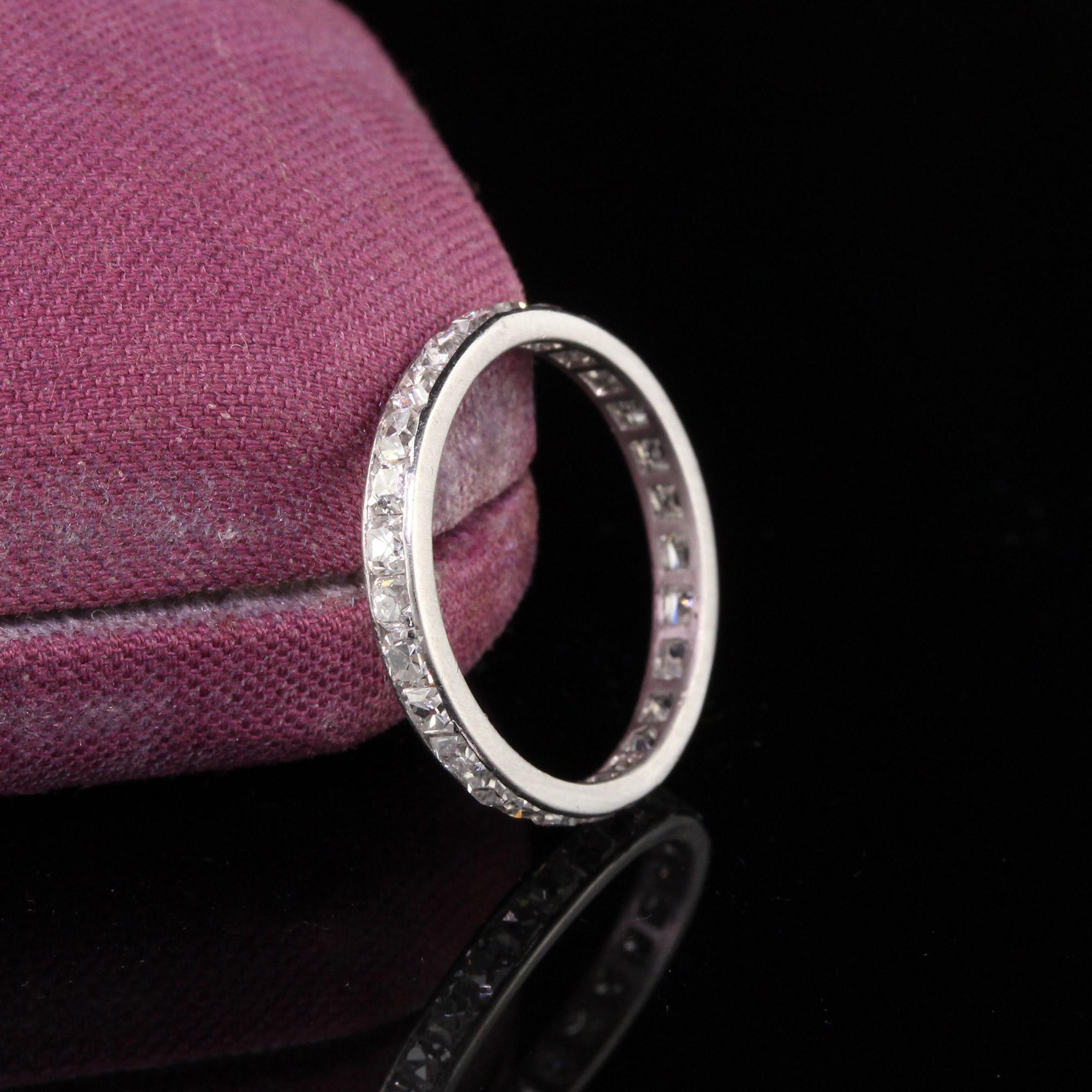Gorgeous Art Deco platinum French cut diamond eternity band.

Item #R0483

Metal: Platinum

Weight: 1.6 Grams

Total Diamond Weight: Approximately 1.70 cts

Diamond Color: H

Diamond Clarity: VS2

Ring Size: 5.5

*Unfortunately this ring cannot be