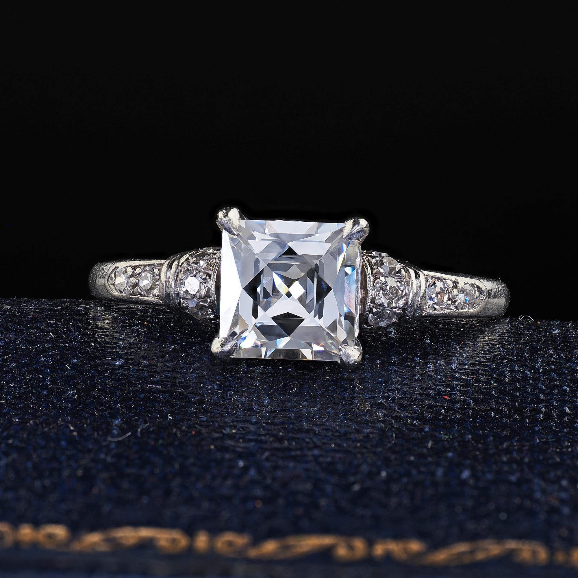 Beautiful Antique Art Deco Platinum French Cut Diamond Solitaire Engagement Ring - GIA. This incredible Art Deco French cut diamond engagement ring is crafted in platinum. This beautiful ring holds a French cut diamond in the center that has a GIA