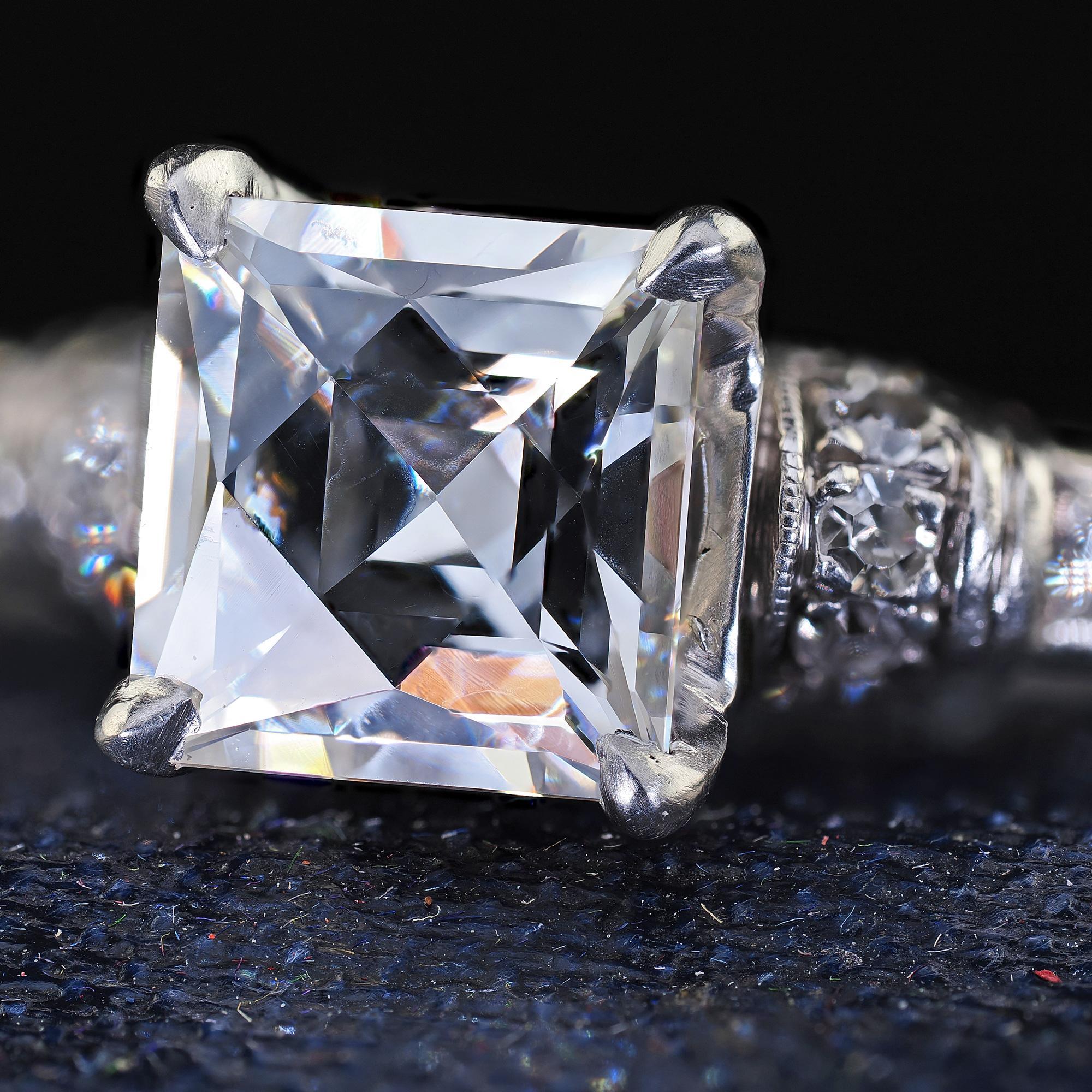 Antique Art Deco Platinum French Cut Diamond Solitaire Engagement Ring - GIA For Sale 2