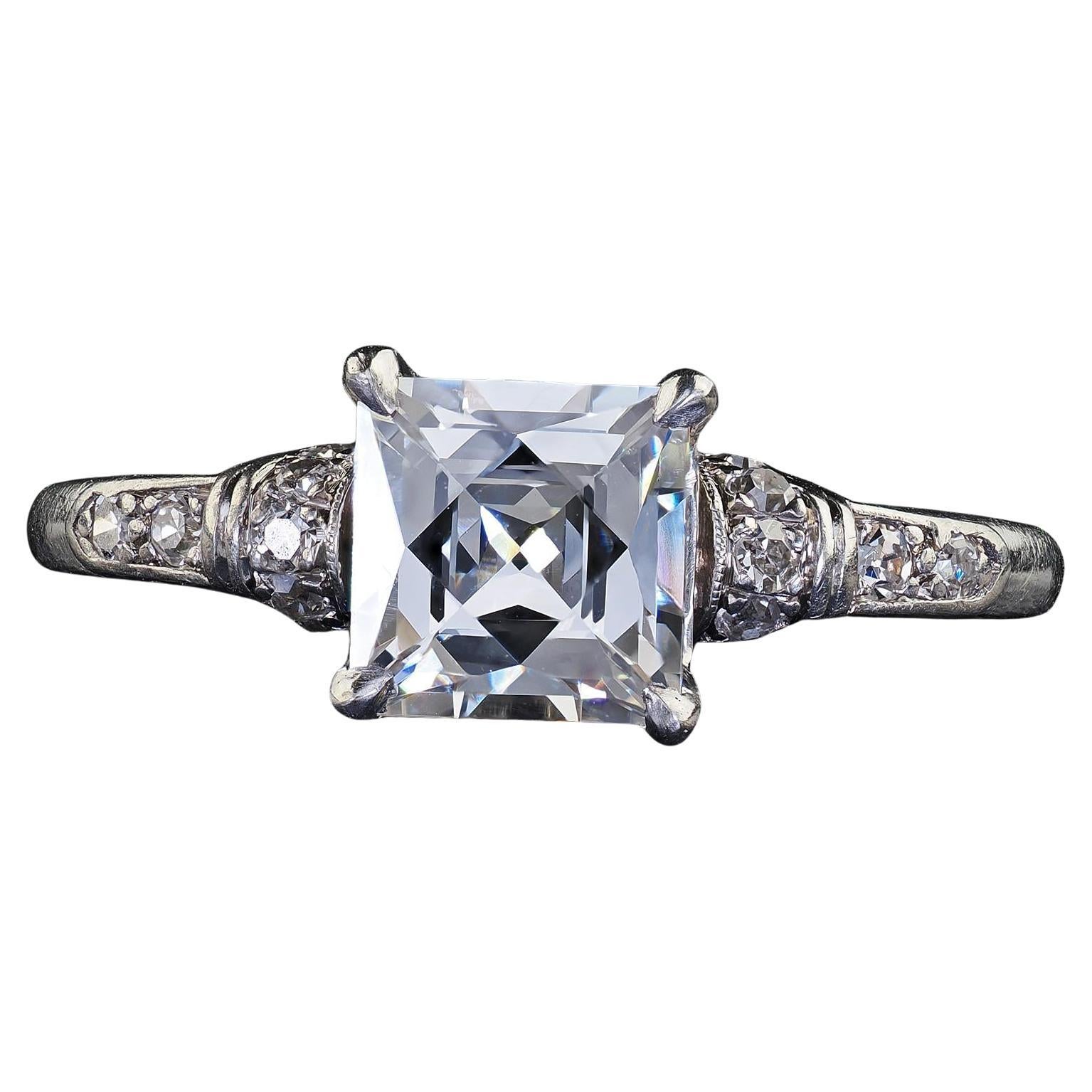 Antique Art Deco Platinum French Cut Diamond Solitaire Engagement Ring - GIA