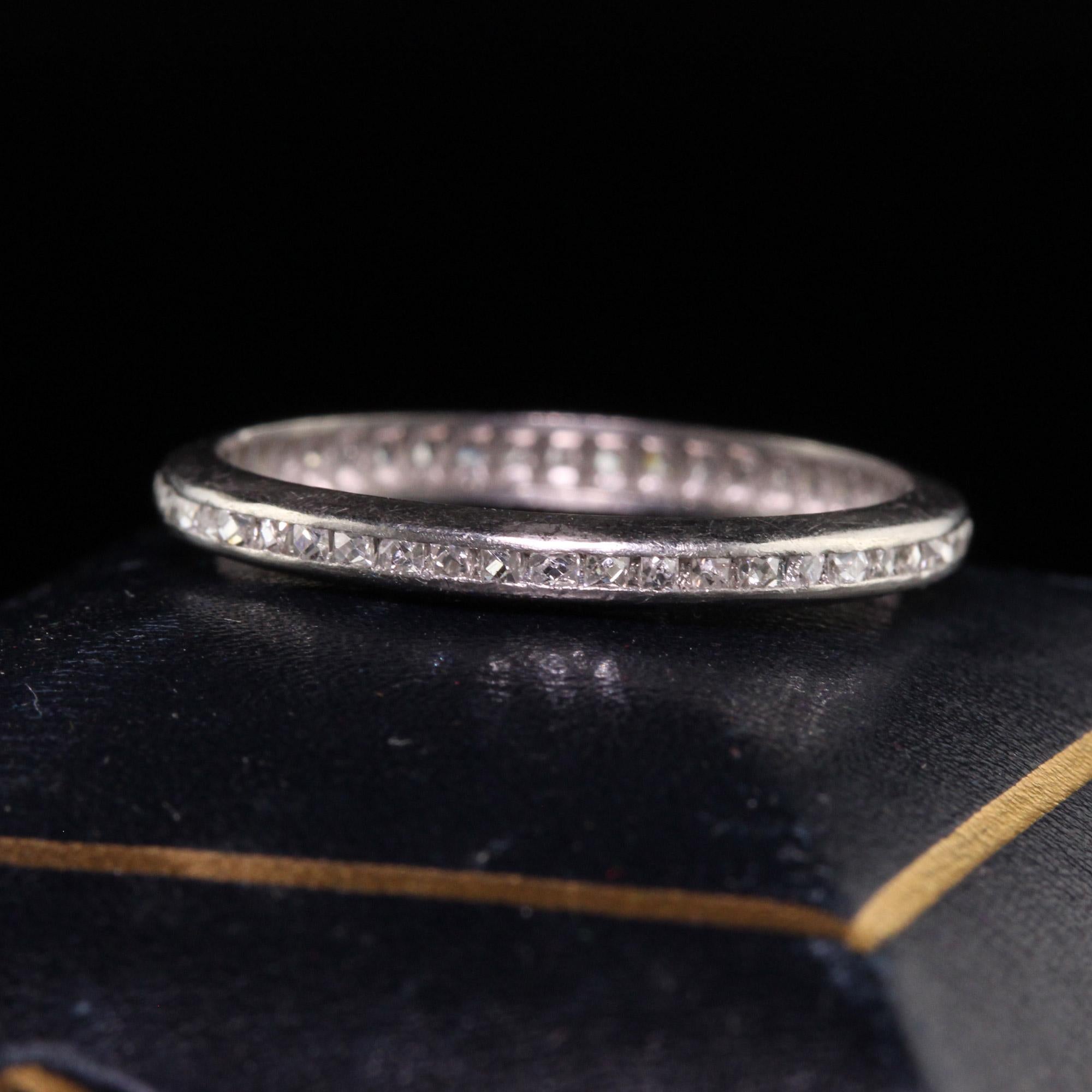 Beautiful Antique Art Deco Platinum French Cut Diamond Eternity Band - Size 5 1/4. This gorgeous wedding band is crafted in platinum. There are small French cut diamonds going around the entire ring and is a rare find to see such small French cuts