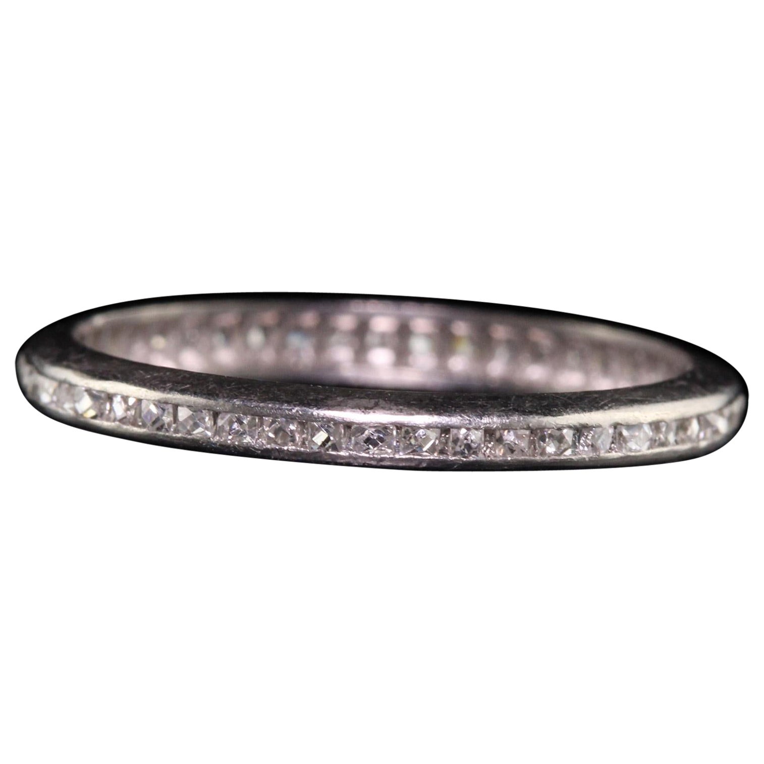 Anneau d'éternité Art déco ancien en platine avec diamant taille française - Taille 5 1/4