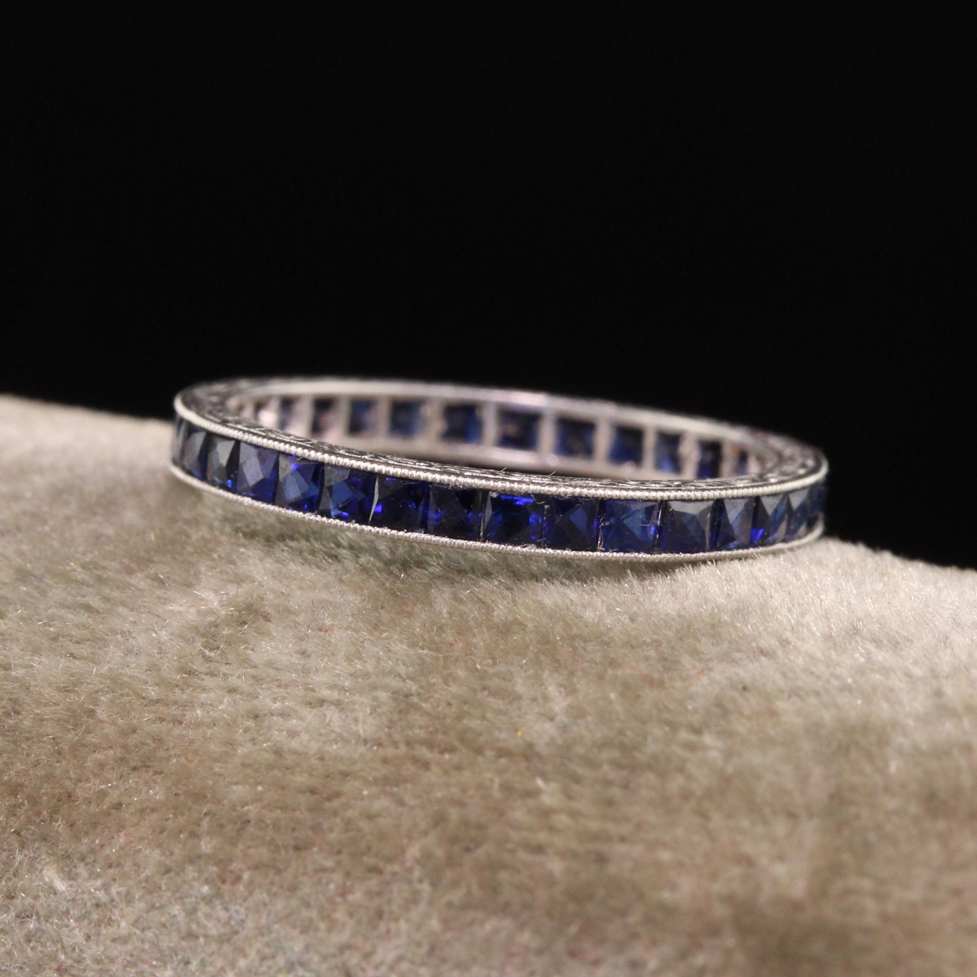 Beautiful Antique Art Deco Platinum French Cut Sapphire Eternity Band. This gorgeous eternity band is crafted in platinum. The ring has French cut sapphires going around the entire ring and is in good condition.

Item #R1280

Metal: