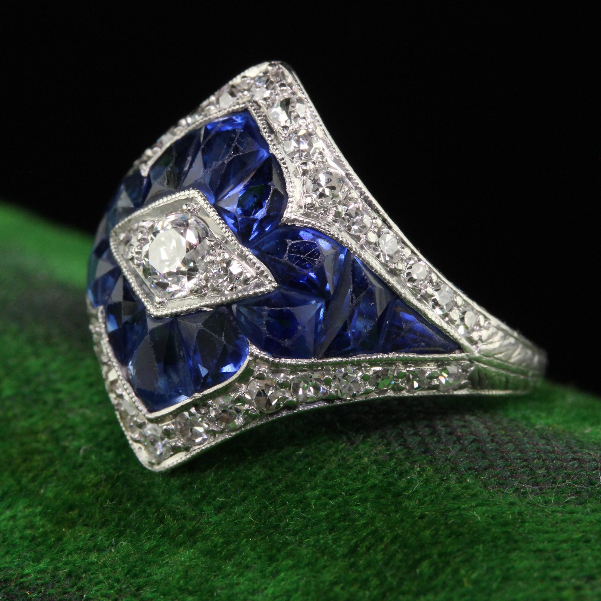 Antique Art Deco Platinum French Cut Sapphire Old Euro Diamond Ring In Good Condition In Great Neck, NY