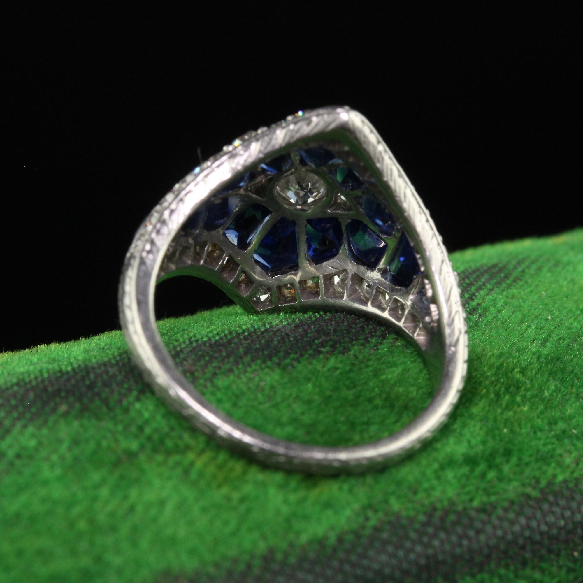 Women's Antique Art Deco Platinum French Cut Sapphire Old Euro Diamond Ring