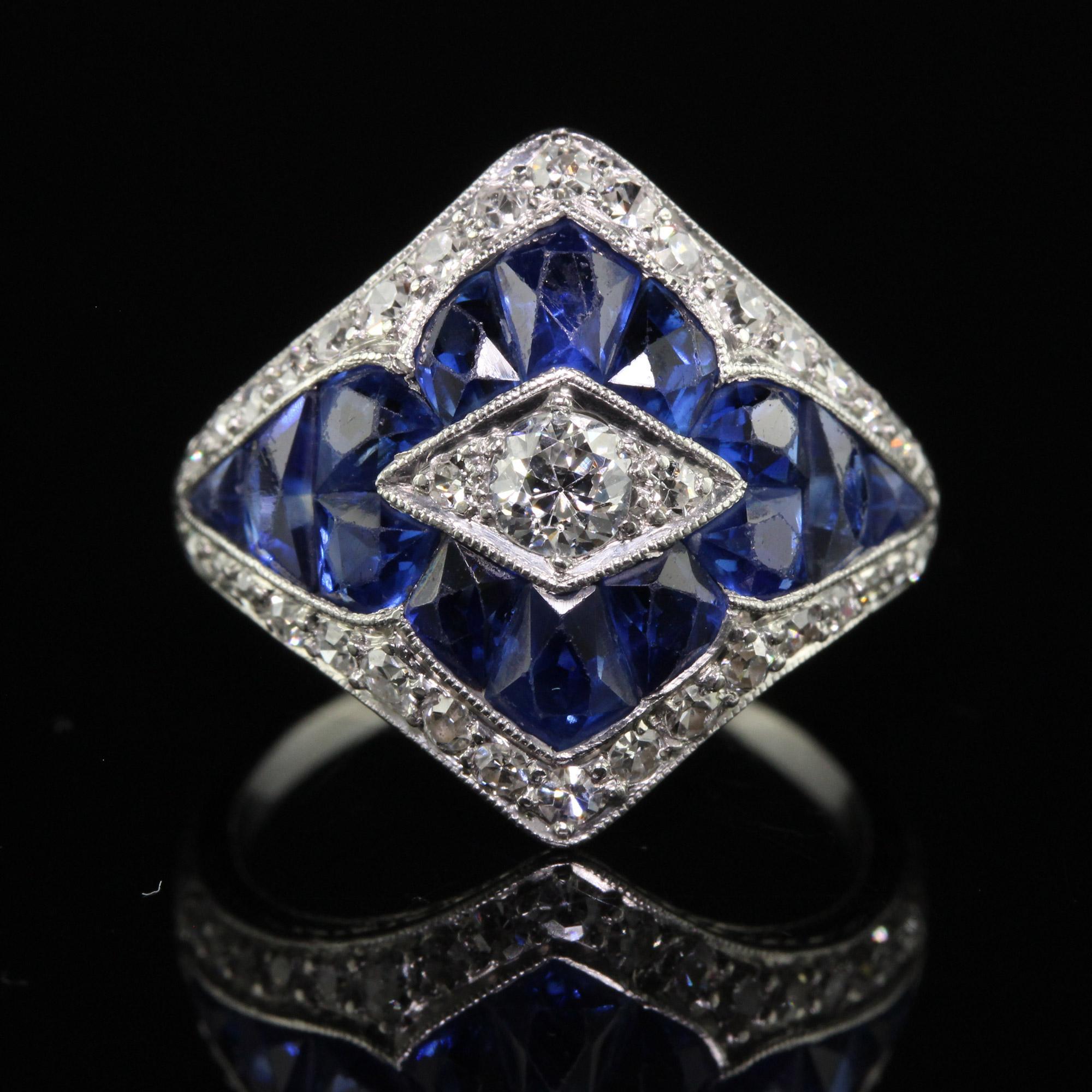 Antique Art Deco Platinum French Cut Sapphire Old Euro Diamond Ring 1