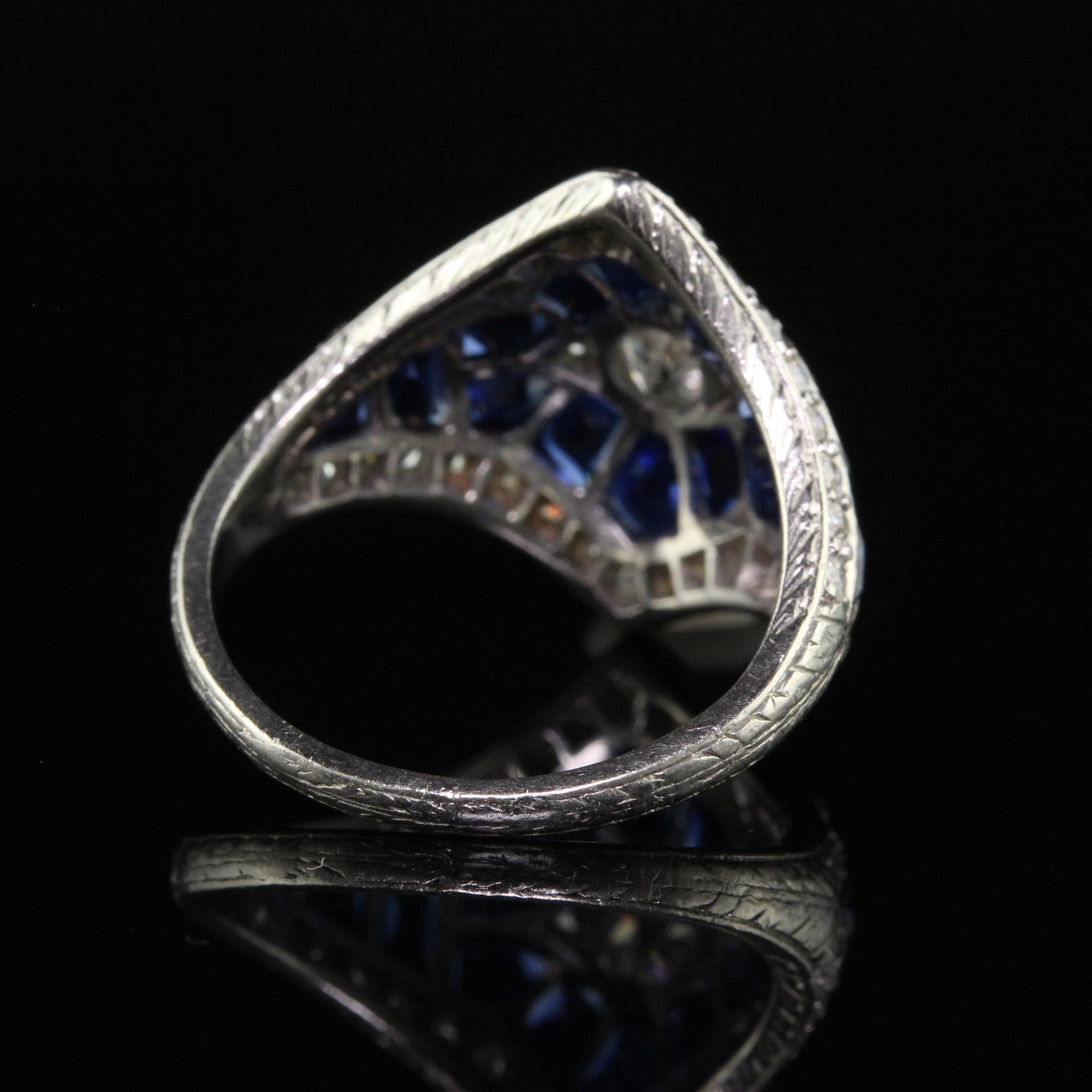 Antique Art Deco Platinum French Cut Sapphire Old Euro Diamond Ring 2