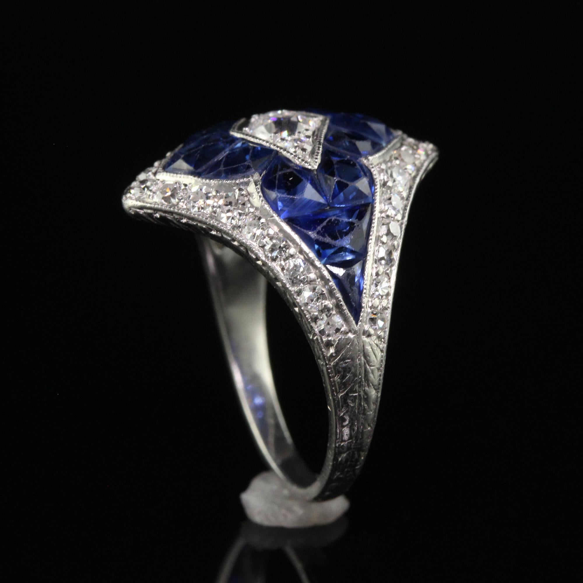 Antique Art Deco Platinum French Cut Sapphire Old Euro Diamond Ring 3