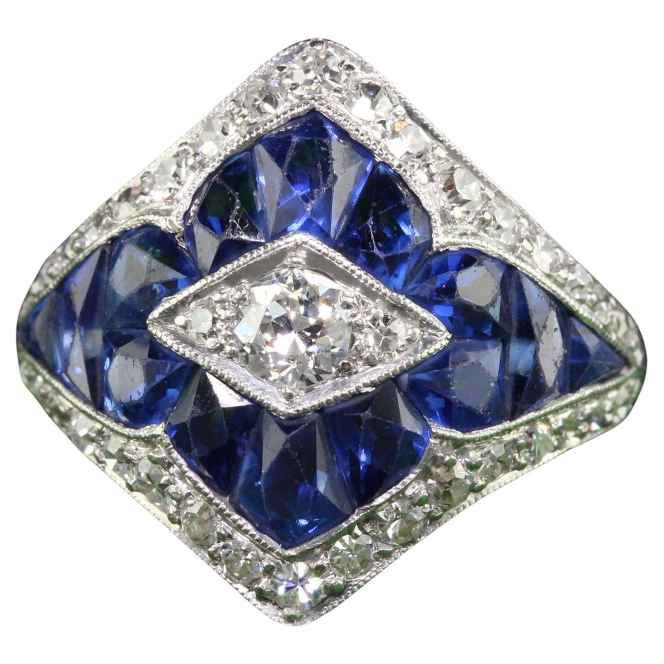 Antique Art Deco Platinum French Cut Sapphire Old Euro Diamond Ring